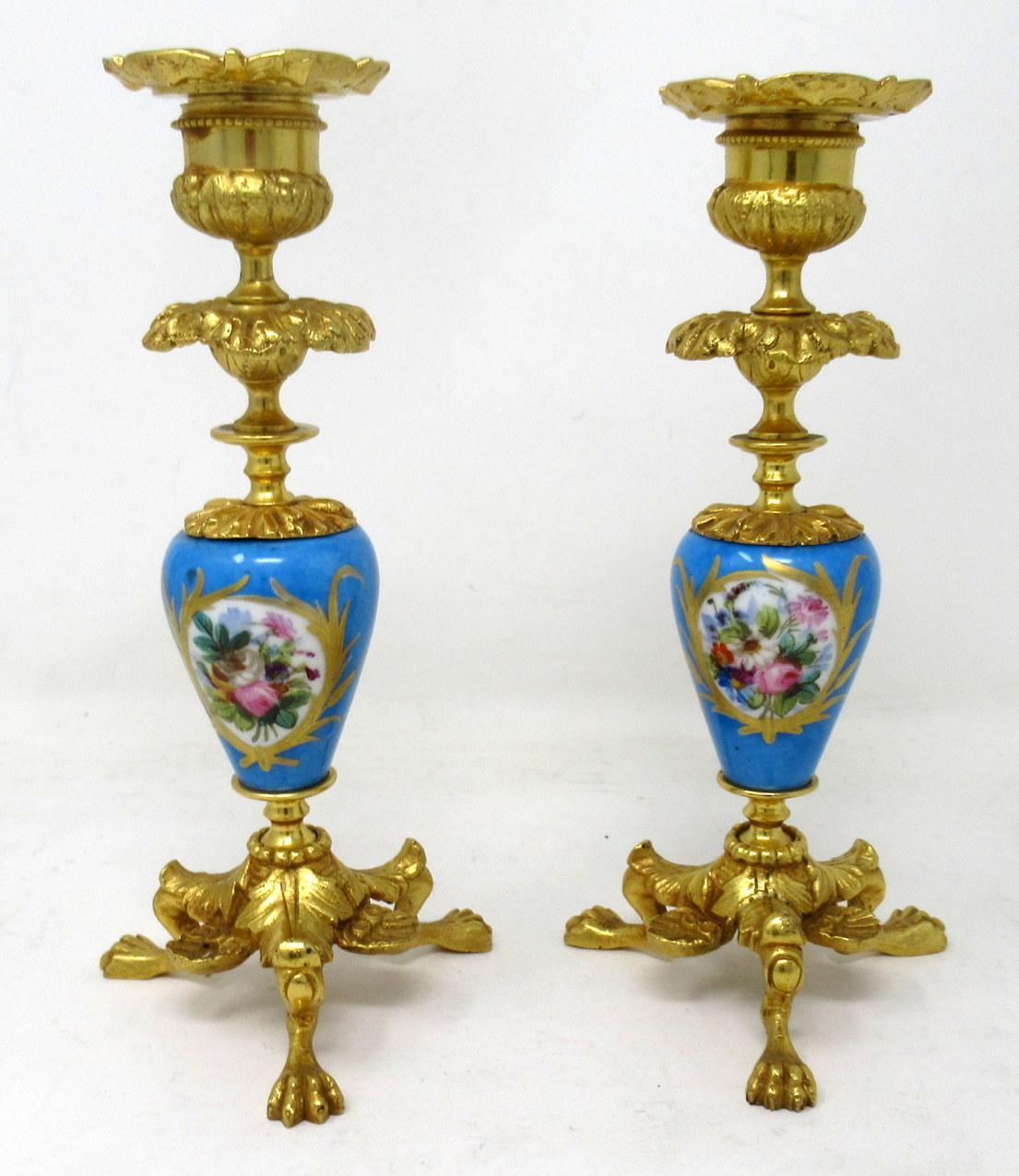 Late Victorian Antique Pair of Ormolu Sèvres Porcelain Gilt Bronze Candlesticks Candelabra