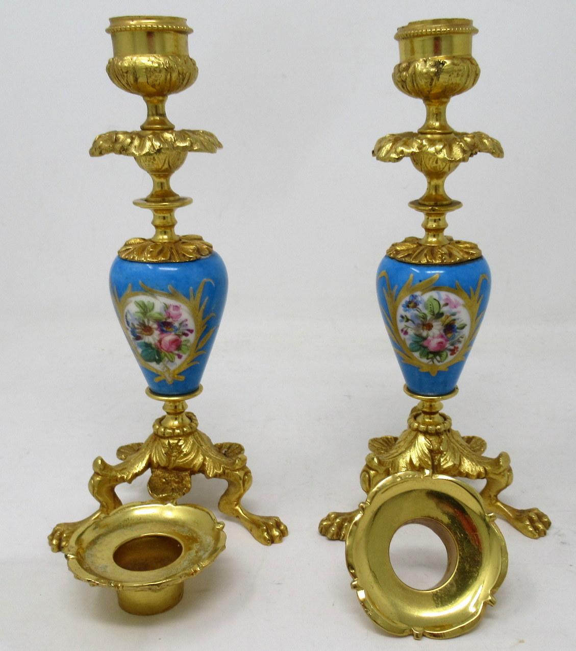 French Antique Pair of Ormolu Sèvres Porcelain Gilt Bronze Candlesticks Candelabra