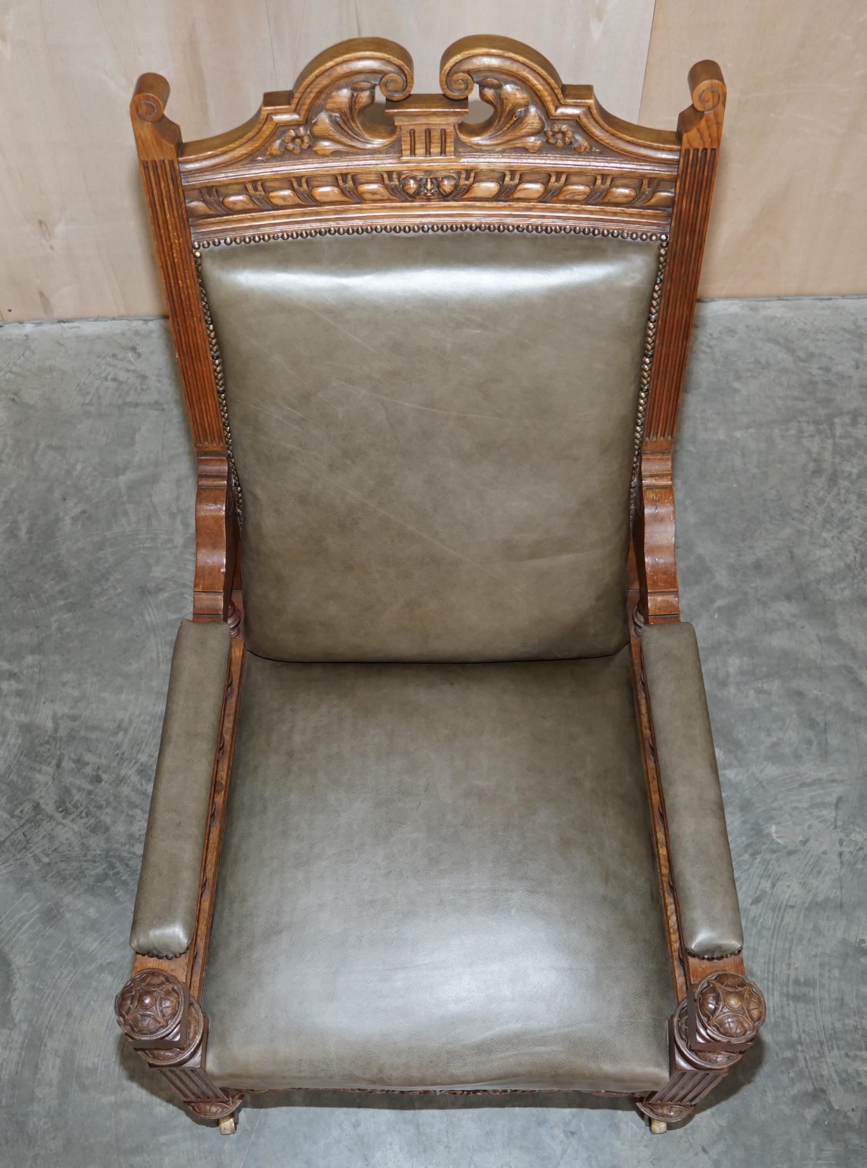 Antique Pair of Ornately Carved Oak Framed Leather Victorian Throne Armchairs For Sale 14