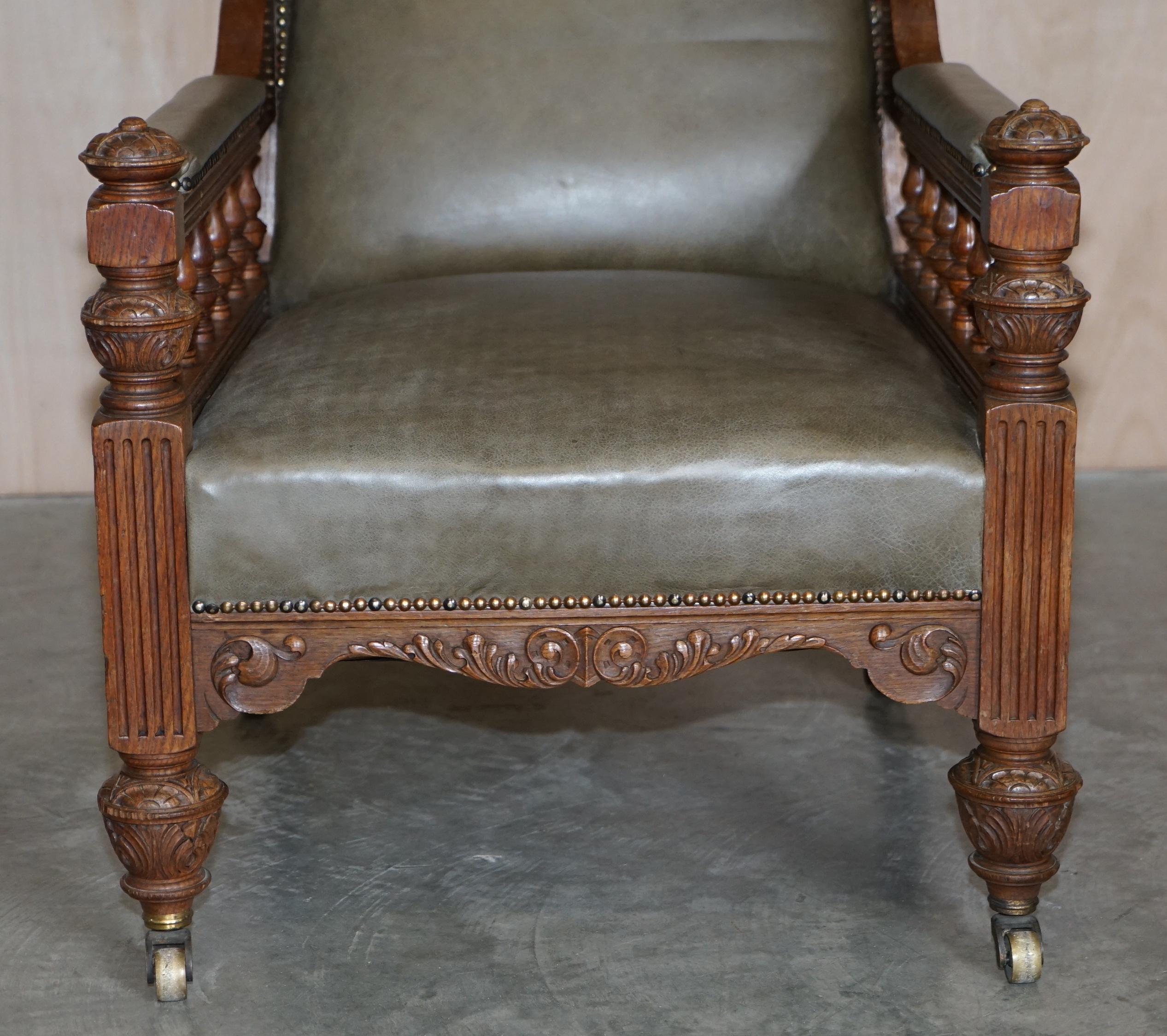 Antique Pair of Ornately Carved Oak Framed Leather Victorian Throne Armchairs For Sale 15