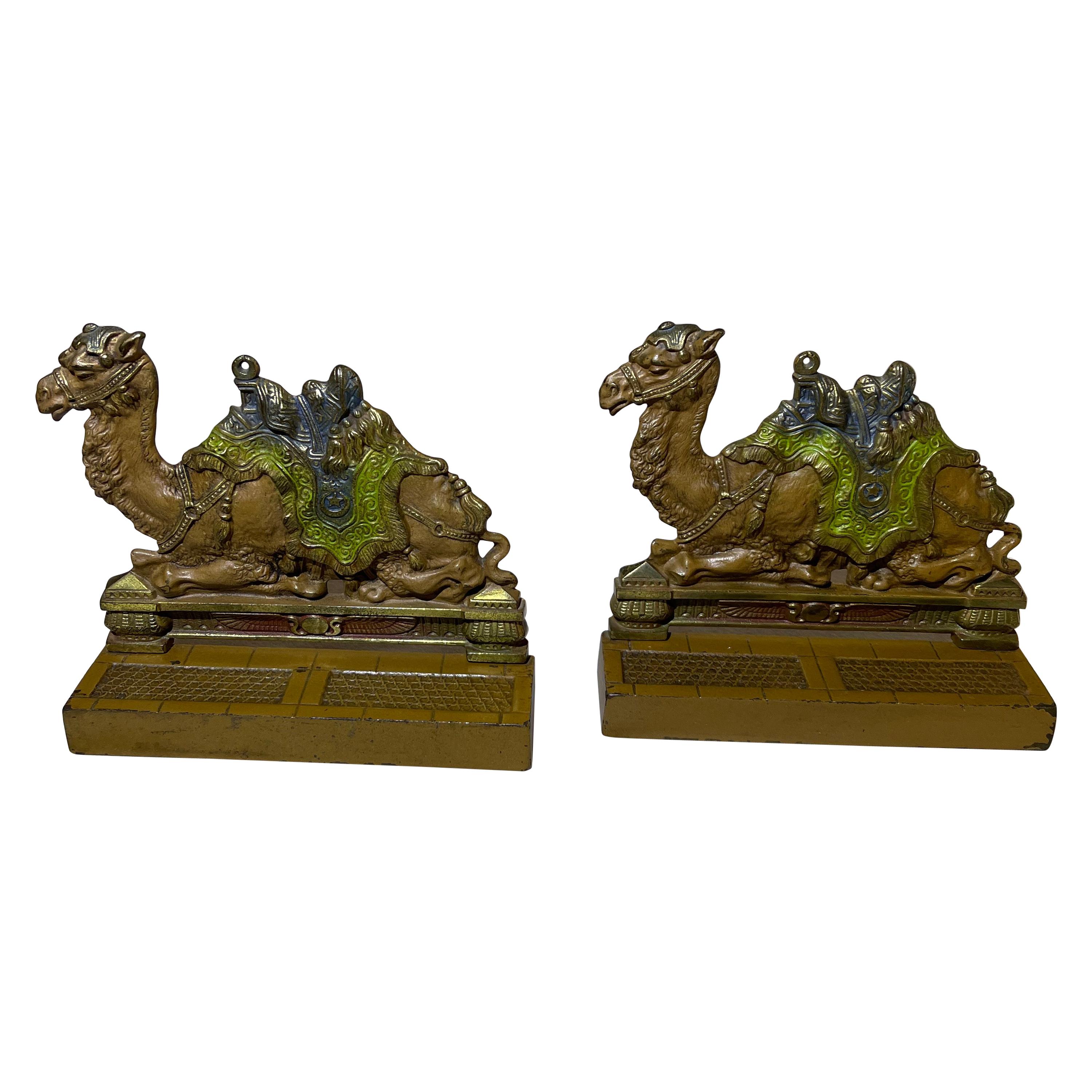 Antique Pair of Painted Cast Iron Camel Bookends by Judd Co, ca. 1910