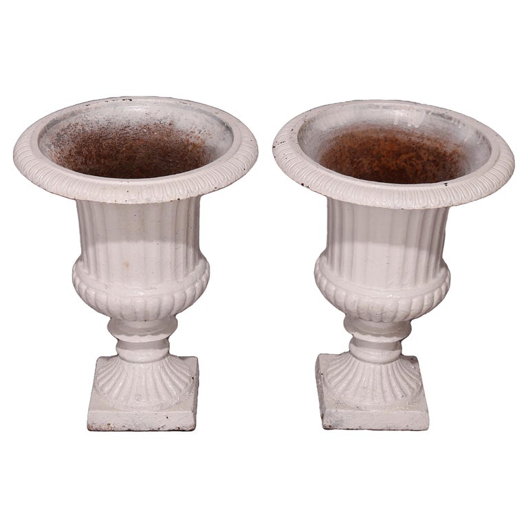 Antique Pair of Painted Cast Iron Garden Urns 19th Century For Sale at