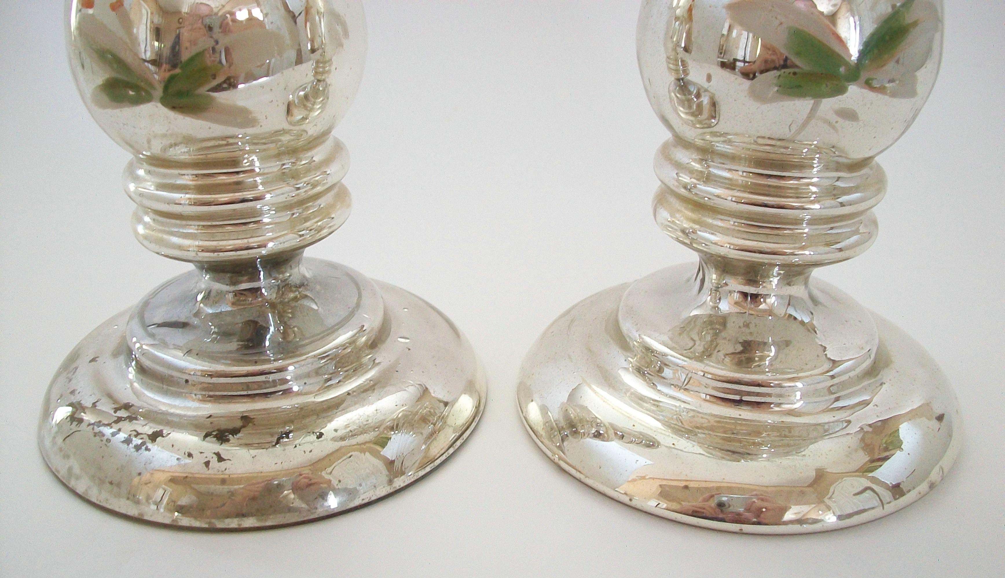 Antique Pair of Painted Mercury Glass Candlesticks - France - Late 19th Century 10