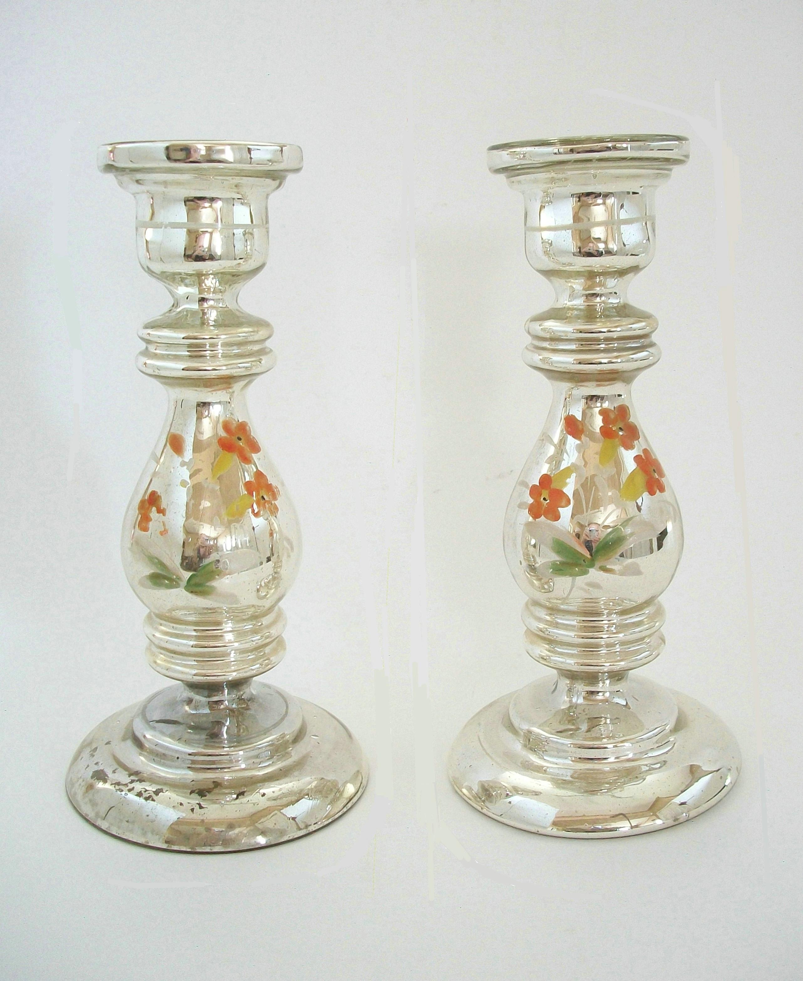 Belle Époque Antique Pair of Painted Mercury Glass Candlesticks - France - Late 19th Century