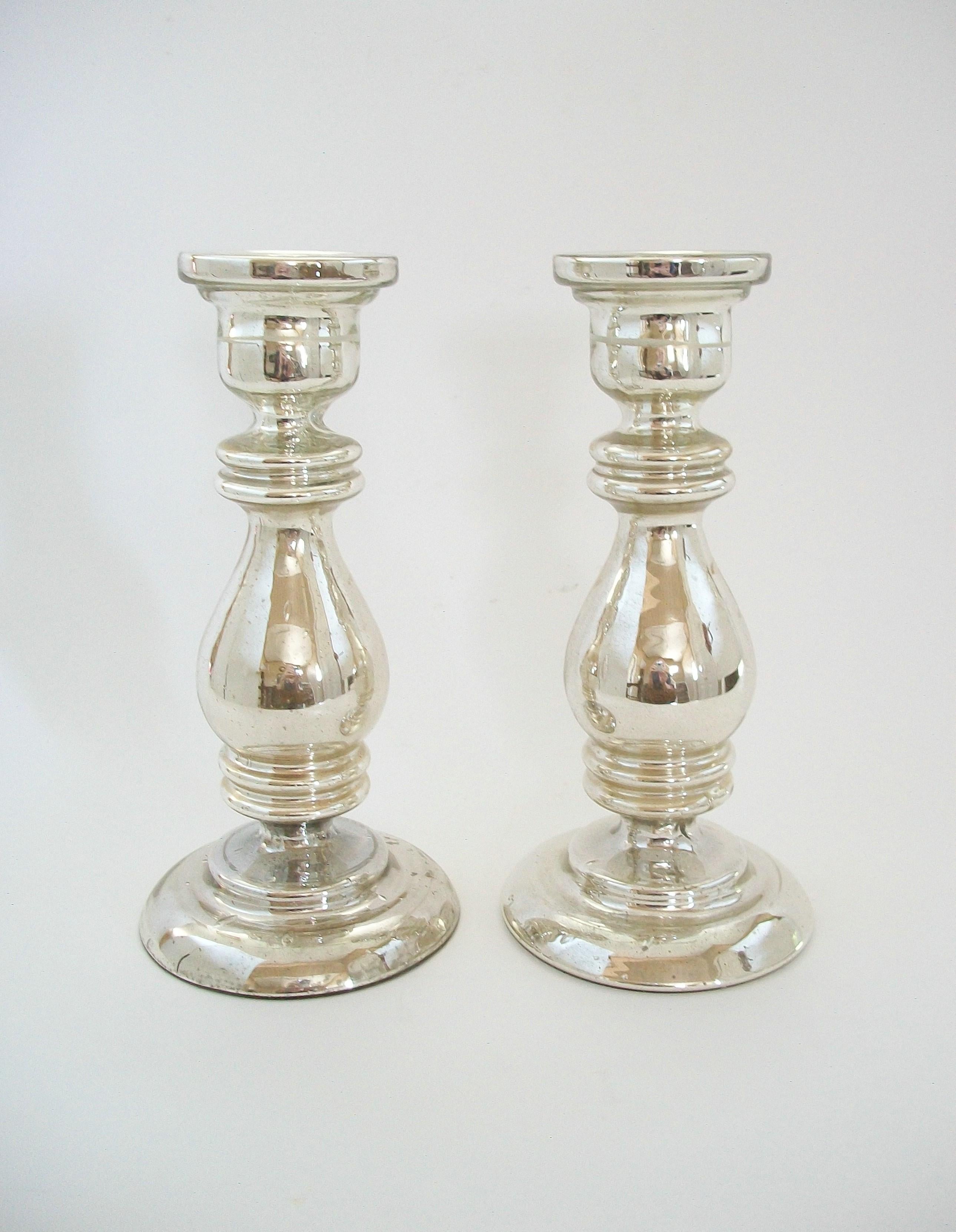 French Antique Pair of Painted Mercury Glass Candlesticks - France - Late 19th Century