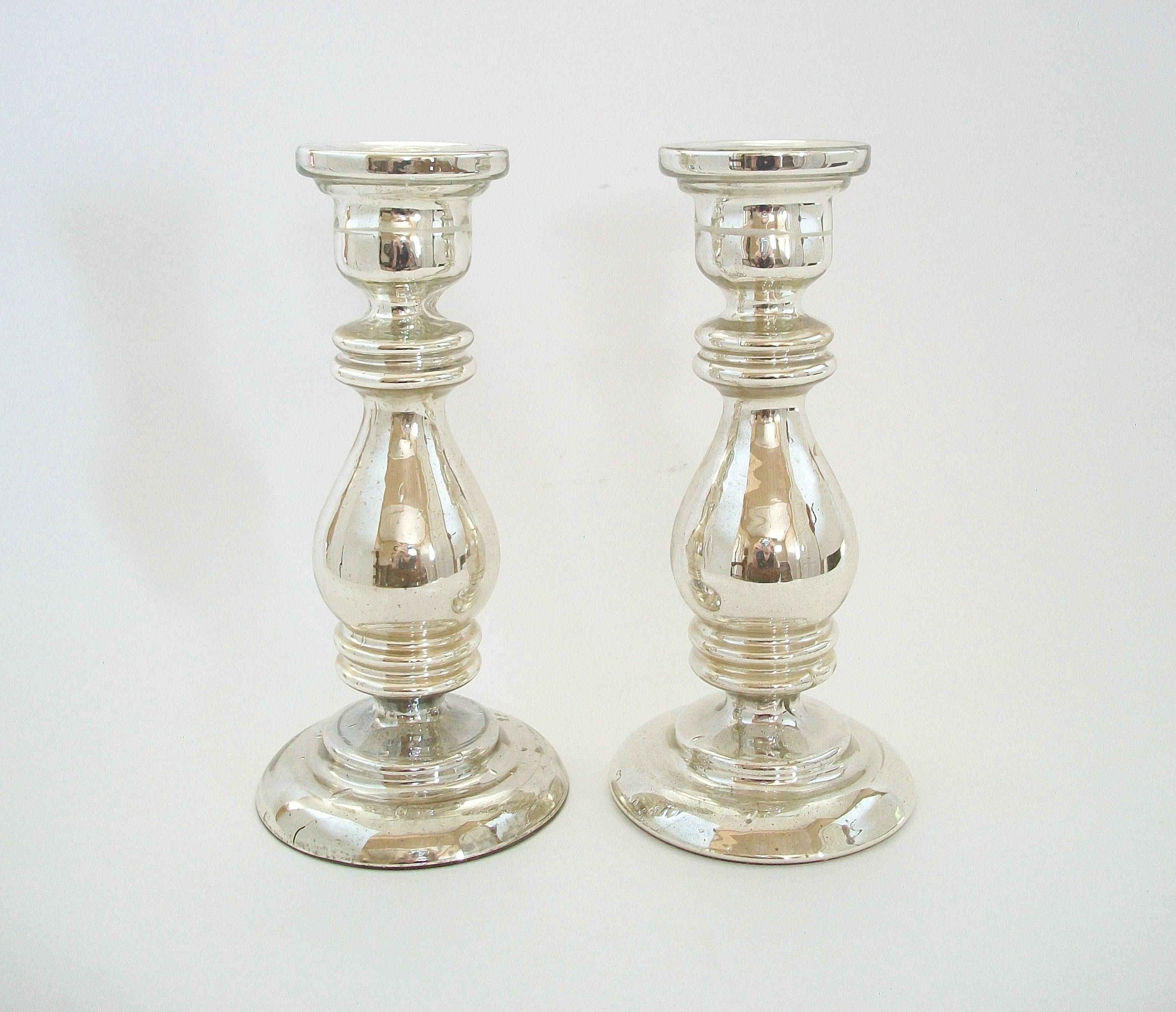 Hand-Crafted Antique Pair of Painted Mercury Glass Candlesticks - France - Late 19th Century