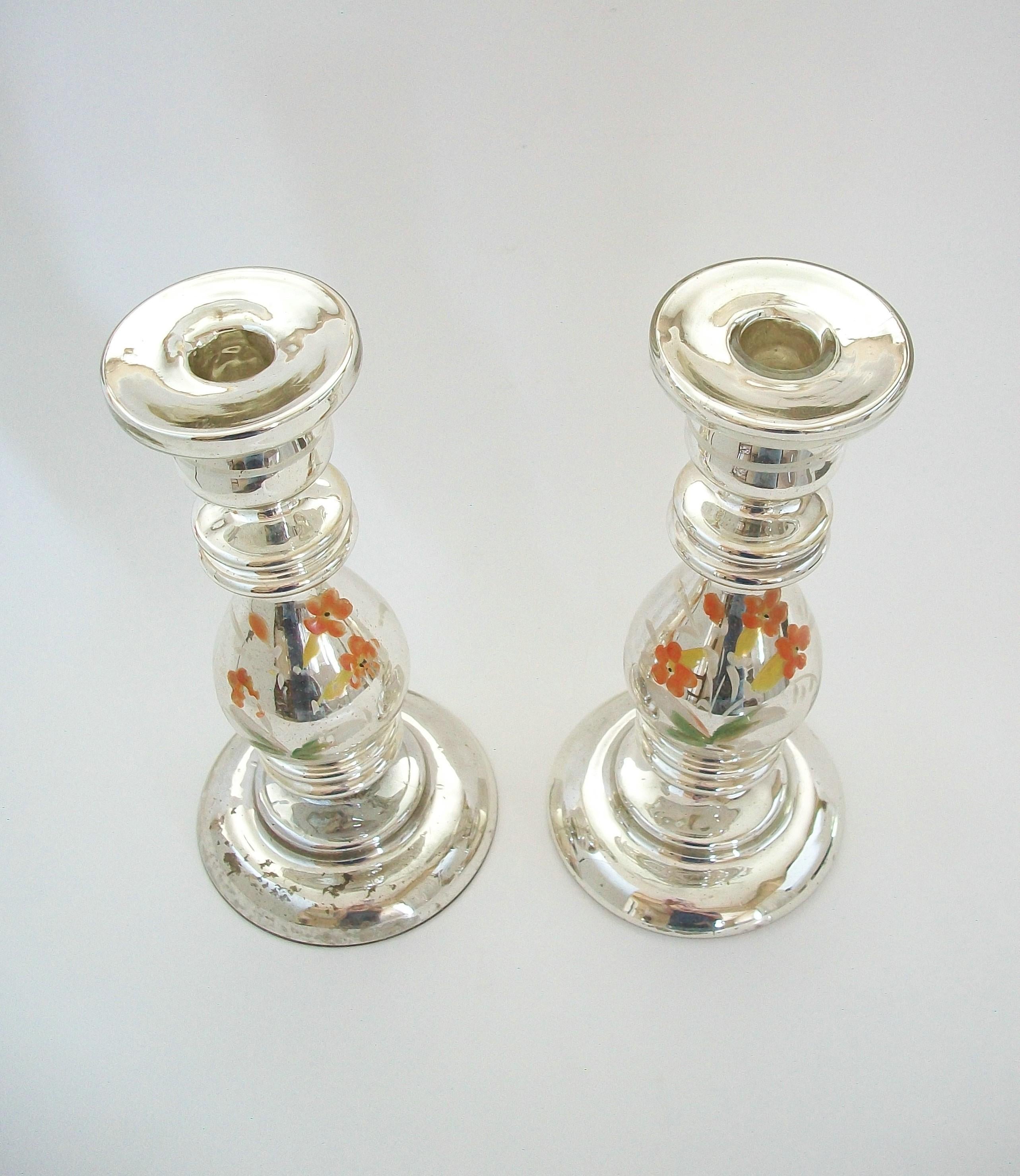 Antique Pair of Painted Mercury Glass Candlesticks - France - Late 19th Century In Good Condition In Chatham, ON