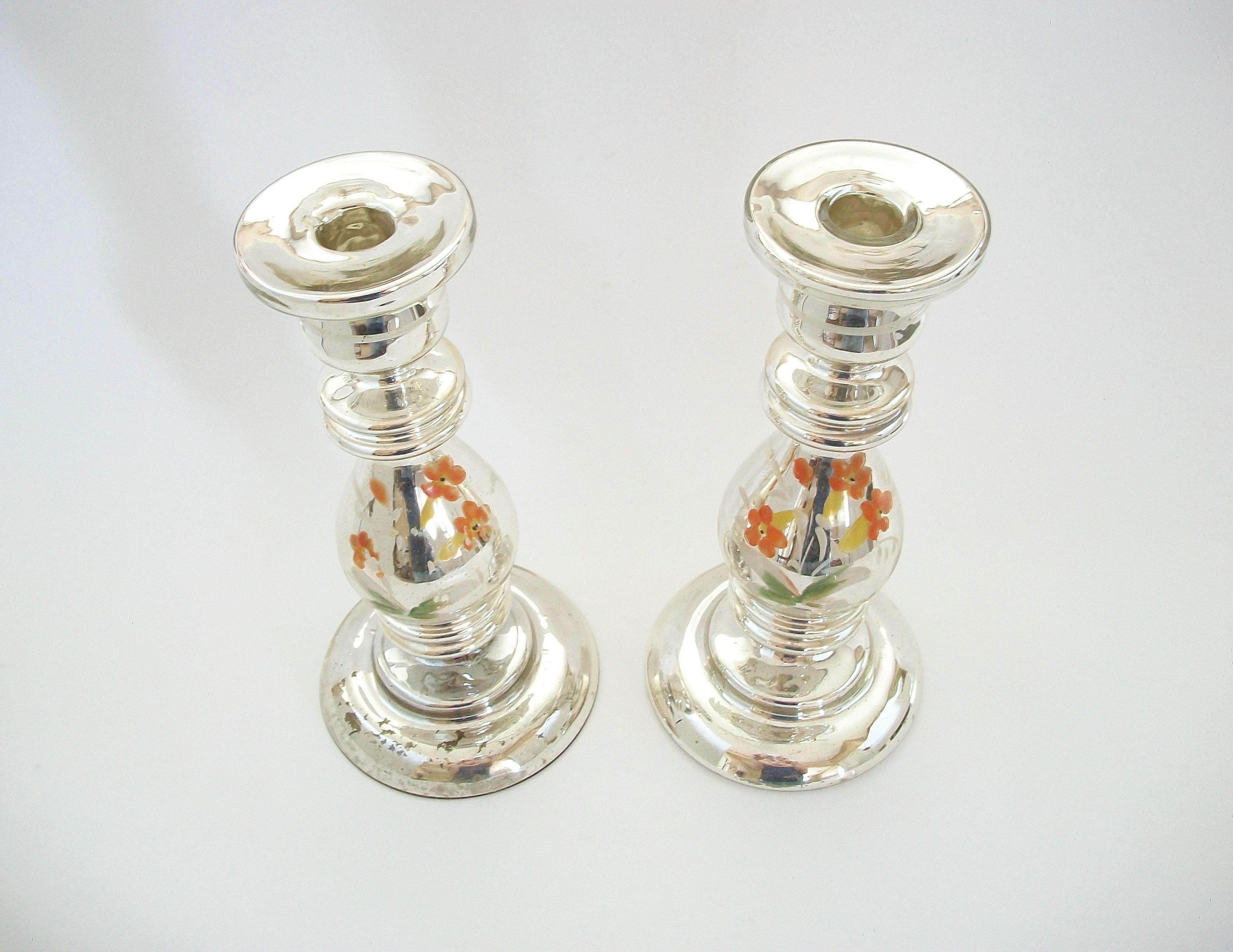 Antique Pair of Painted Mercury Glass Candlesticks - France - Late 19th Century 1