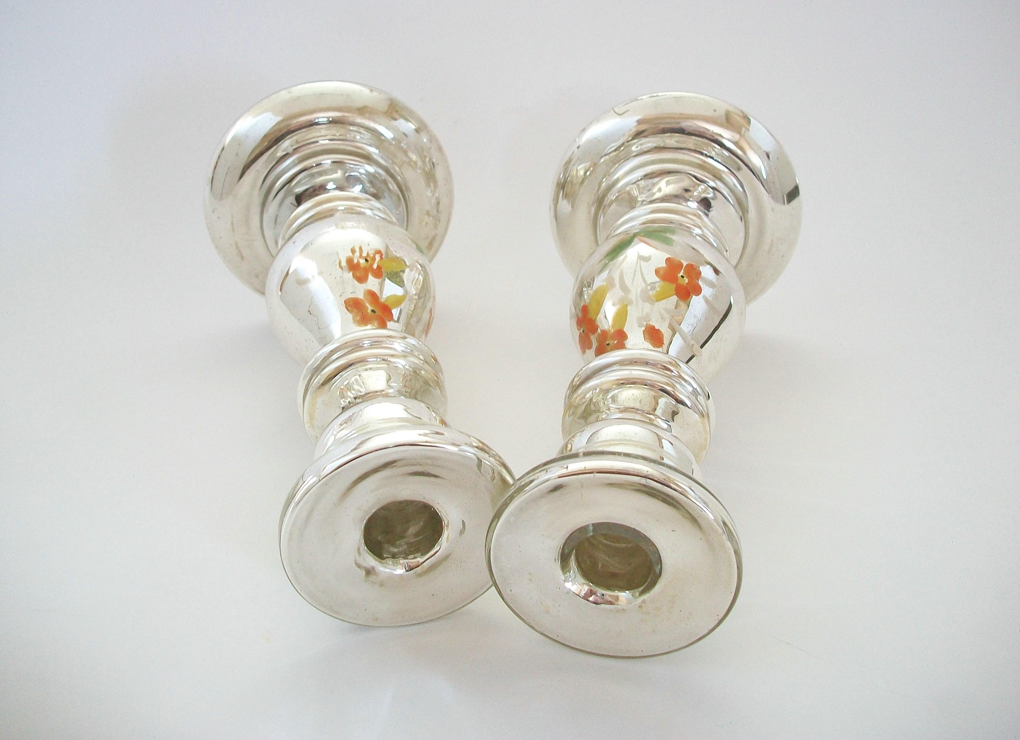 Antique Pair of Painted Mercury Glass Candlesticks - France - Late 19th Century 2