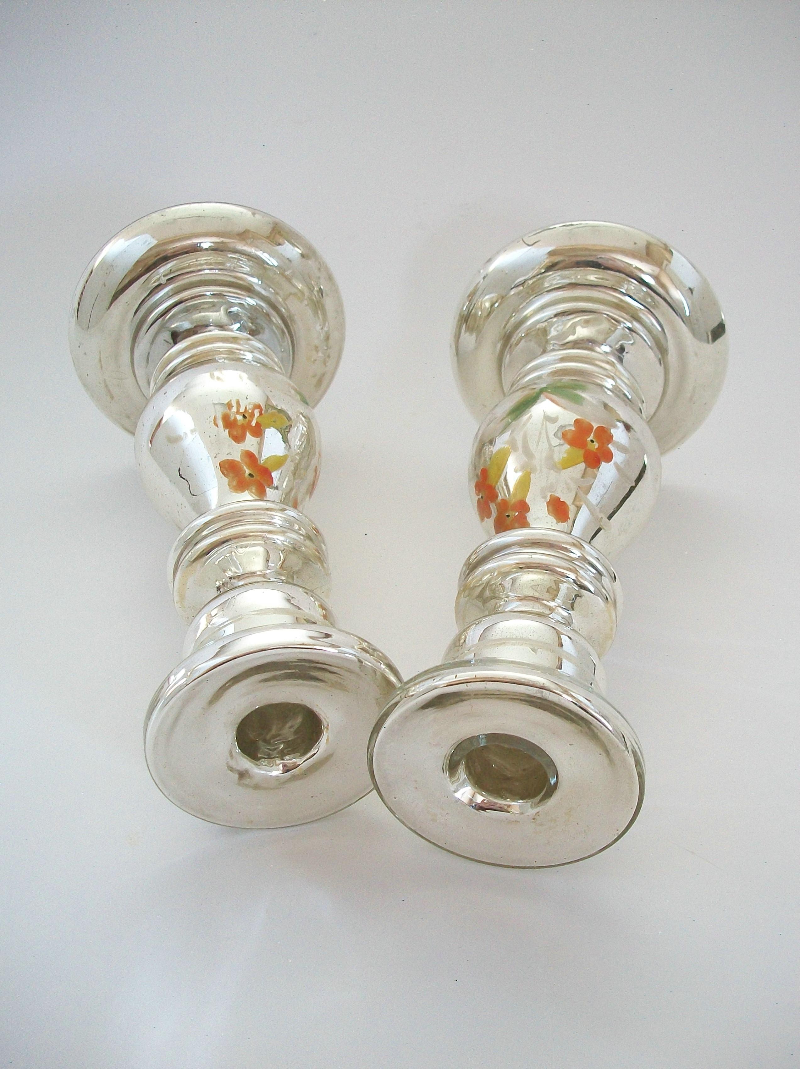 Antique Pair of Painted Mercury Glass Candlesticks - France - Late 19th Century 3