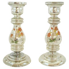 Antique Pair of Painted Mercury Glass Candlesticks - France - Late 19th Century