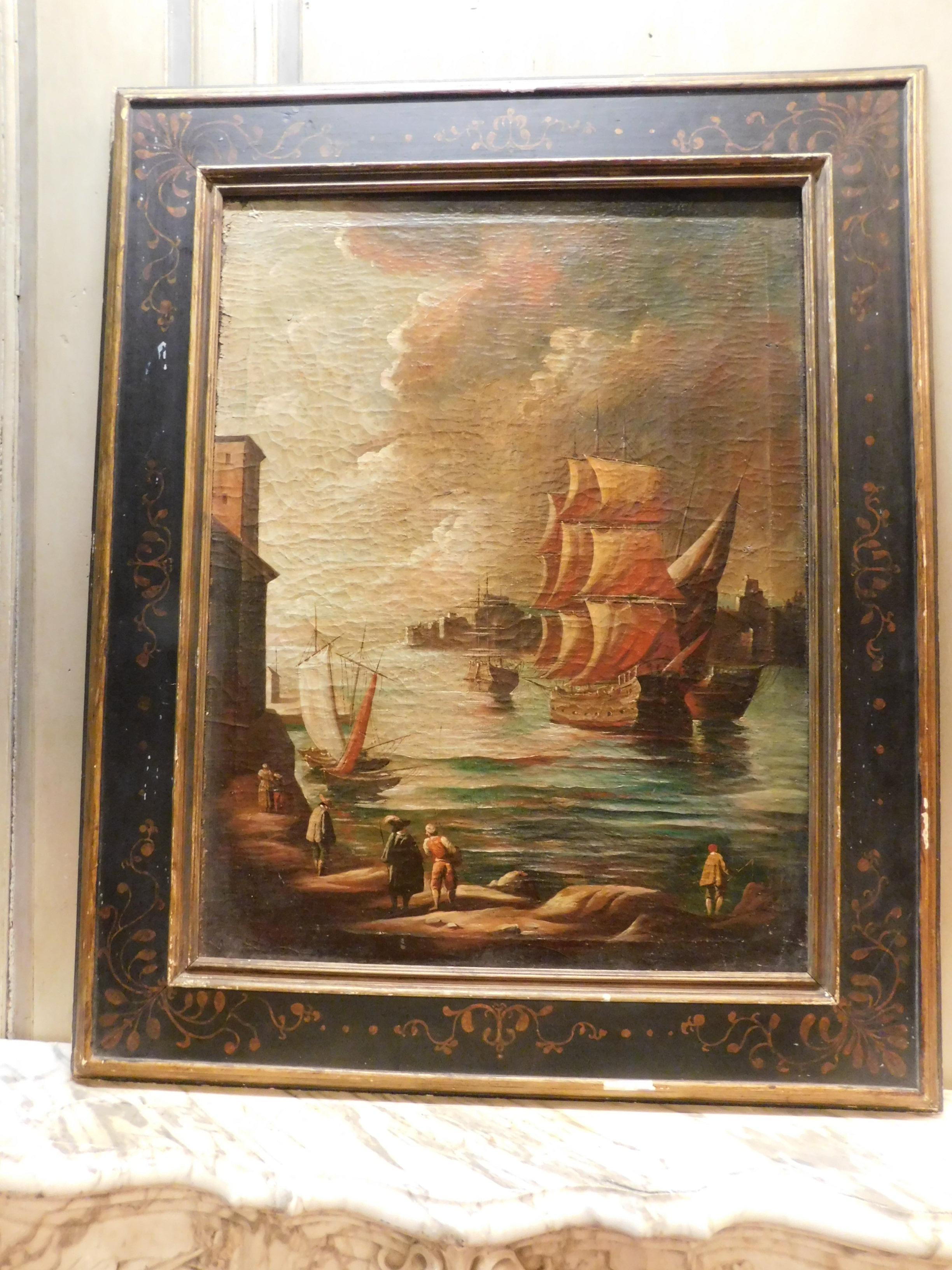 Ancient pair of paintings, in oil on canvas, both have subjects with views of seascapes, complete with ancient and original hand-painted wooden frame, coeval from the 18th century, made in Italy.
each one measures cm w 94 x h 112.
Very nice in