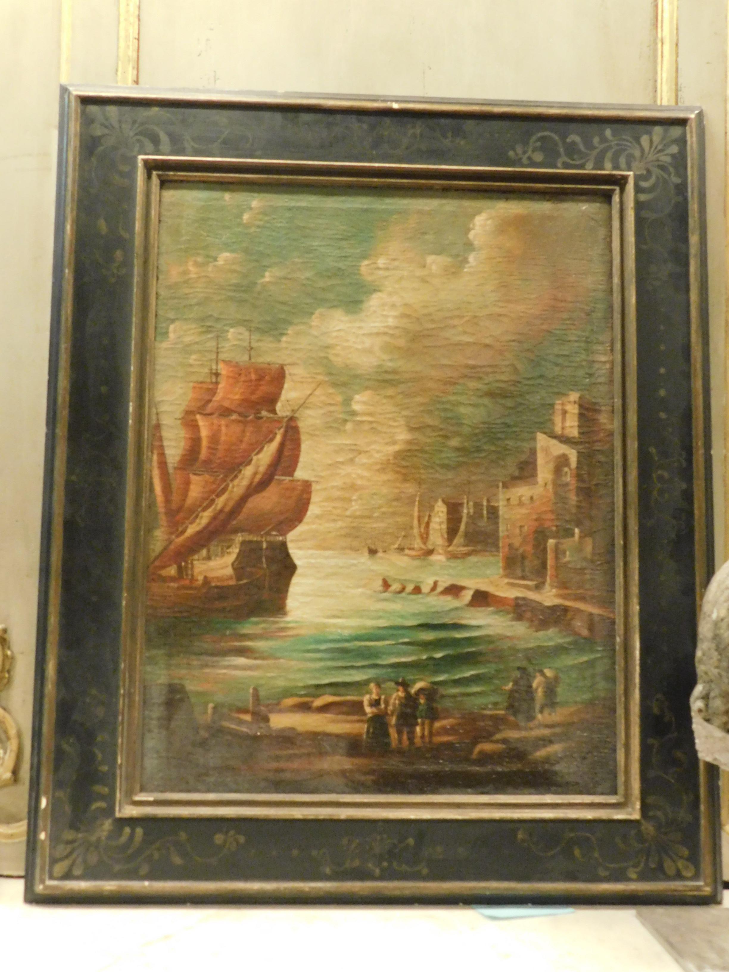 Huilé Paire de peintures anciennes, huile sur toile, vues de mer, cadre peint, 18ème siècle