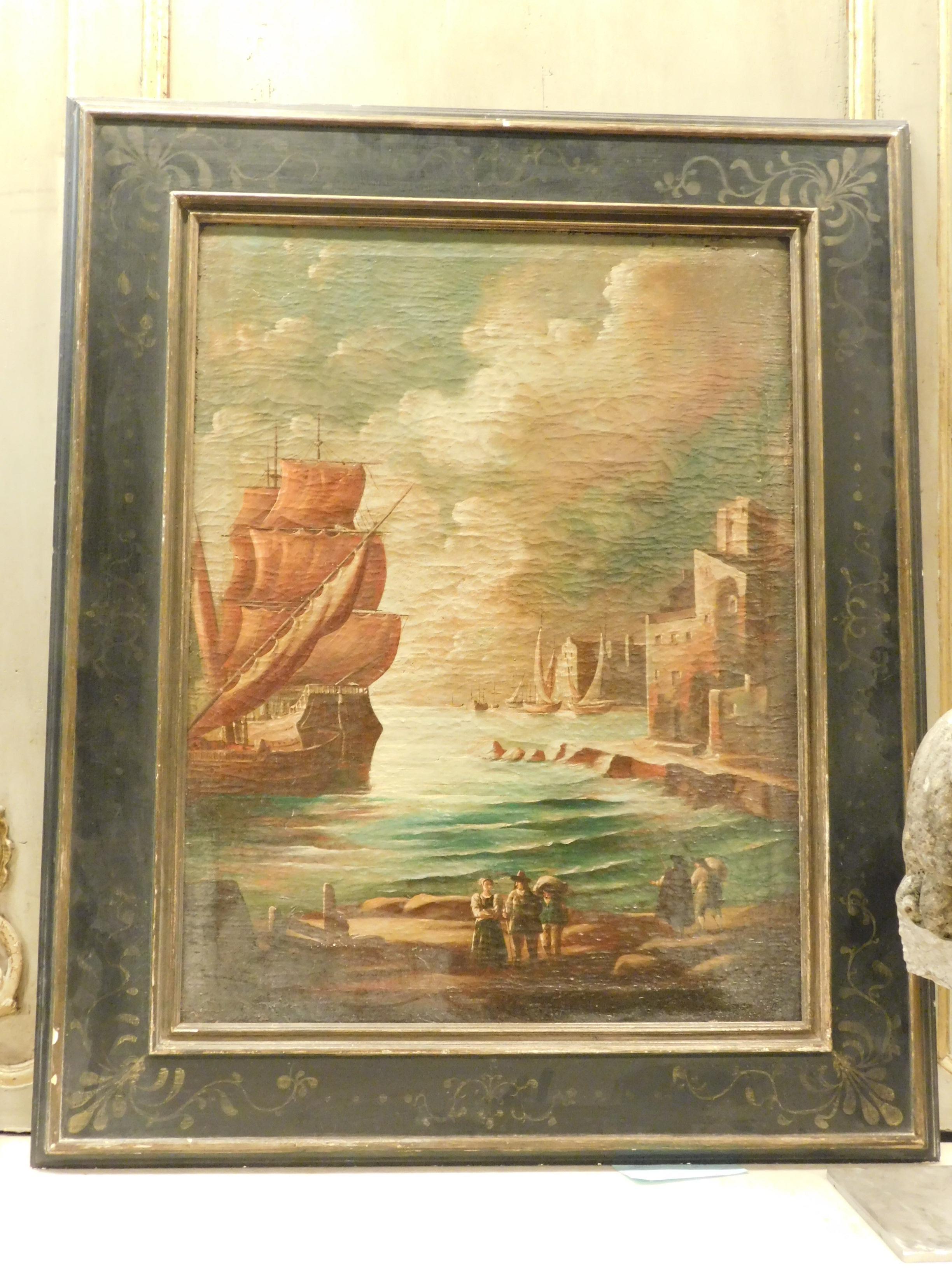 Paire de peintures anciennes, huile sur toile, vues de mer, cadre peint, 18ème siècle Bon état à Cuneo, Italy (CN)
