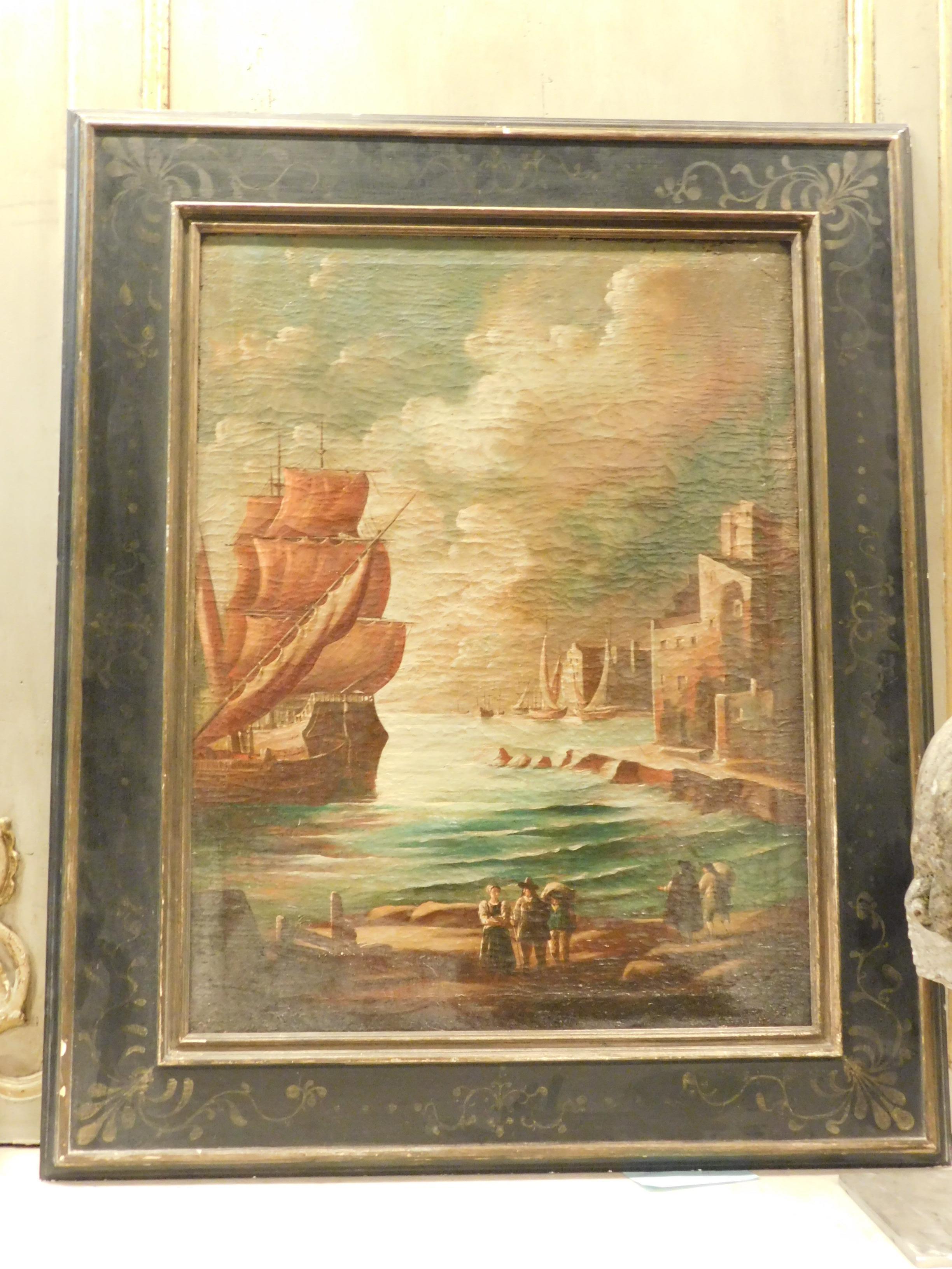 XVIIIe siècle et antérieur Paire de peintures anciennes, huile sur toile, vues de mer, cadre peint, 18ème siècle