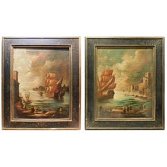 Antique Pair of Paintings, Oil on Canvas, Sea Views, Painted Frame, 18th Century Antique Pair of Paintings, Oil on Canvas, Sea Views, Painted Frame, 18th Century