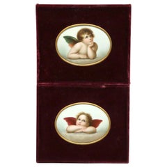 Antique Pair of Paintings on Porcelain of Winged Cherubs in Velvet Frames 19thC