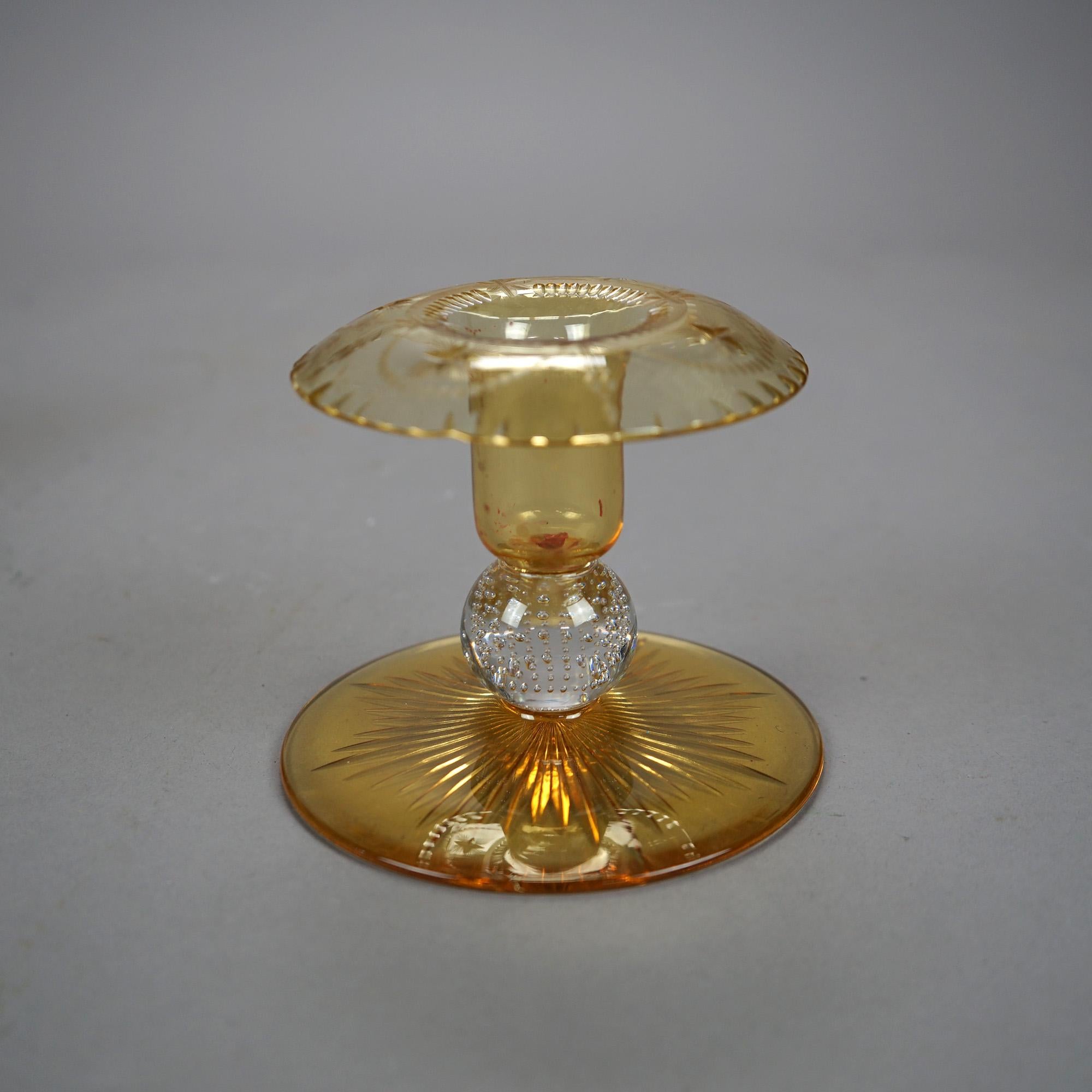 American Antique Pair of Pairpoint Amber Cut Glass Candlesticks Circa 1920