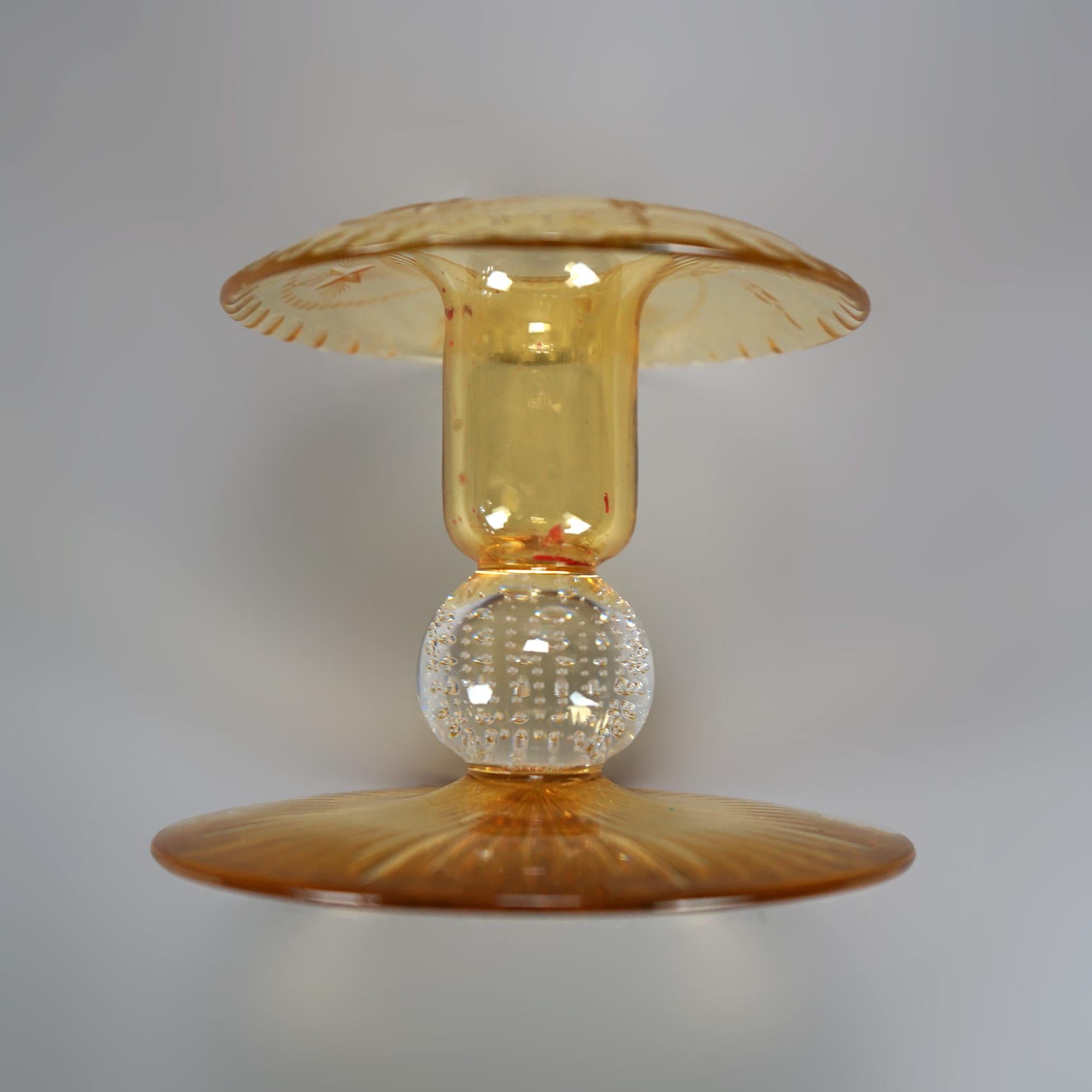 Antique Pair of Pairpoint Amber Cut Glass Candlesticks Circa 1920 In Good Condition In Big Flats, NY