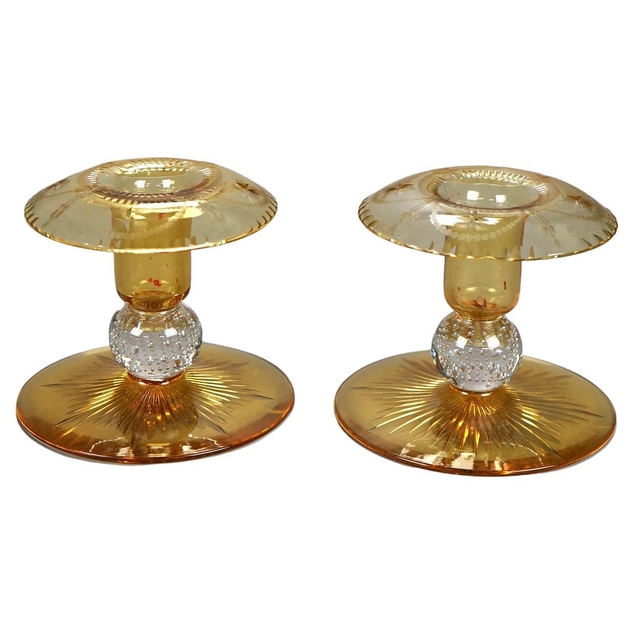 Antique Pair of Pairpoint Amber Cut Glass Candlesticks Circa 1920