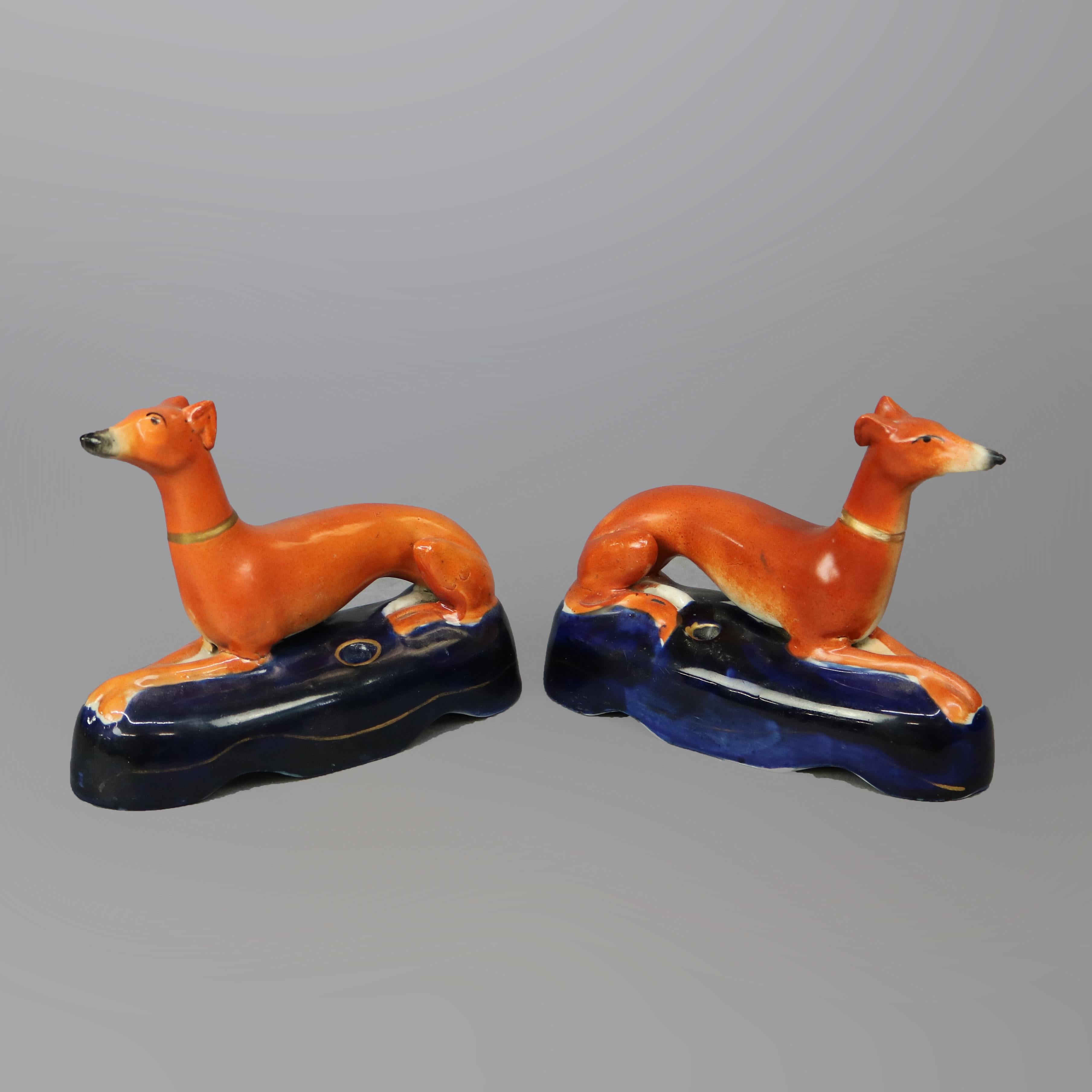 English Antique Pair of Parcel Gilt Figural Staffordshire Pottery Whippet Inkwells 19thC