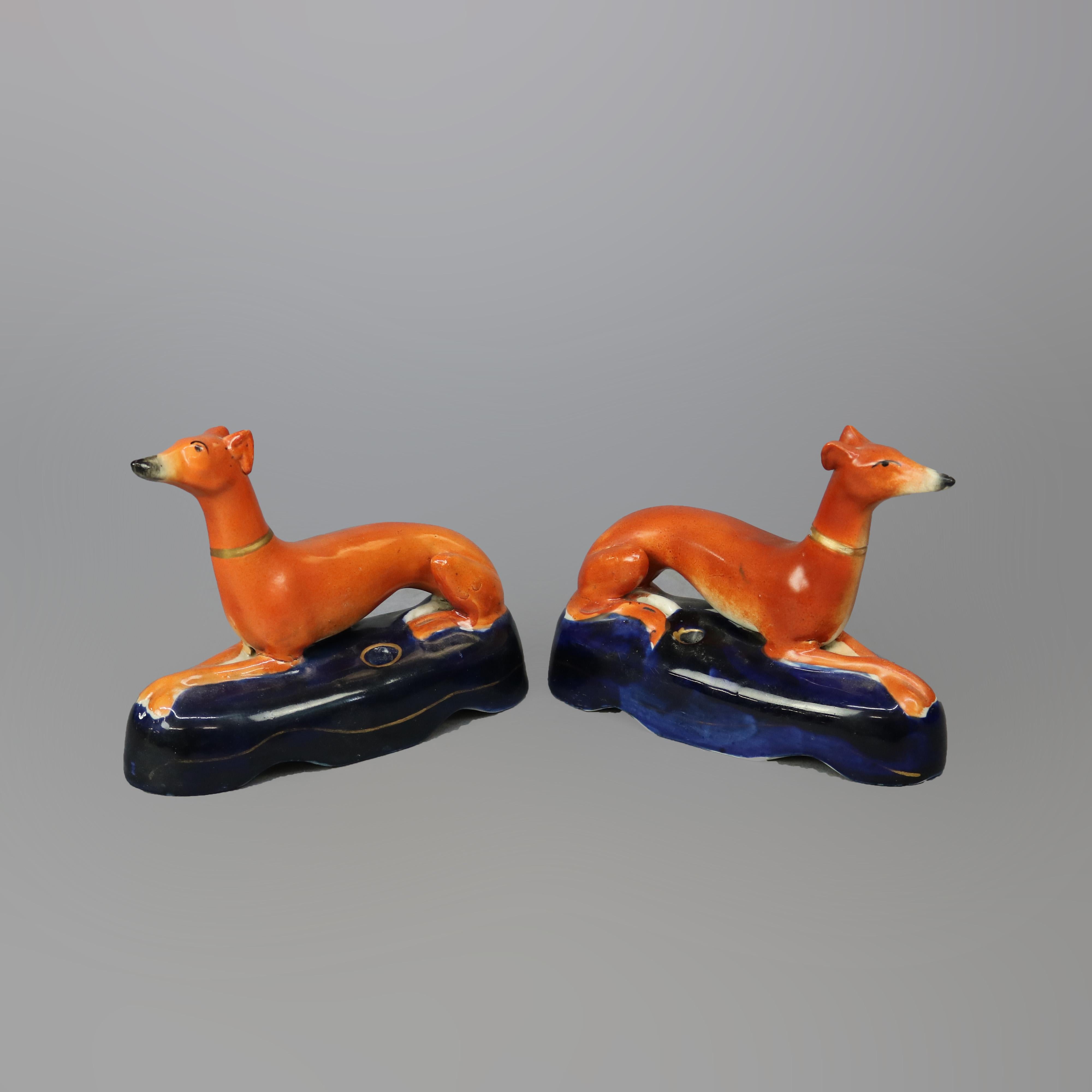 Antique Pair of Parcel Gilt Figural Staffordshire Pottery Whippet Inkwells 19thC In Good Condition In Big Flats, NY