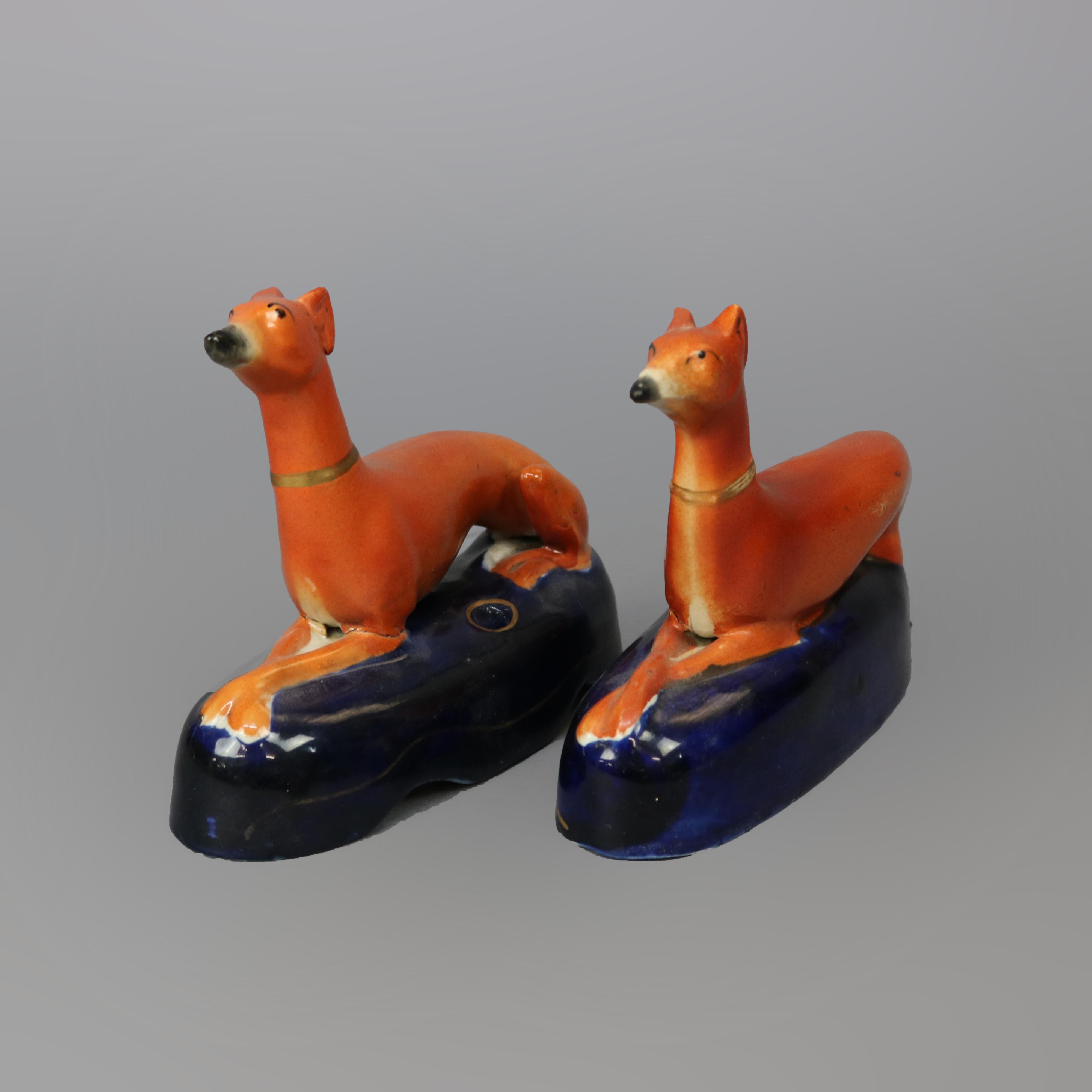 19th Century Antique Pair of Parcel Gilt Figural Staffordshire Pottery Whippet Inkwells 19thC