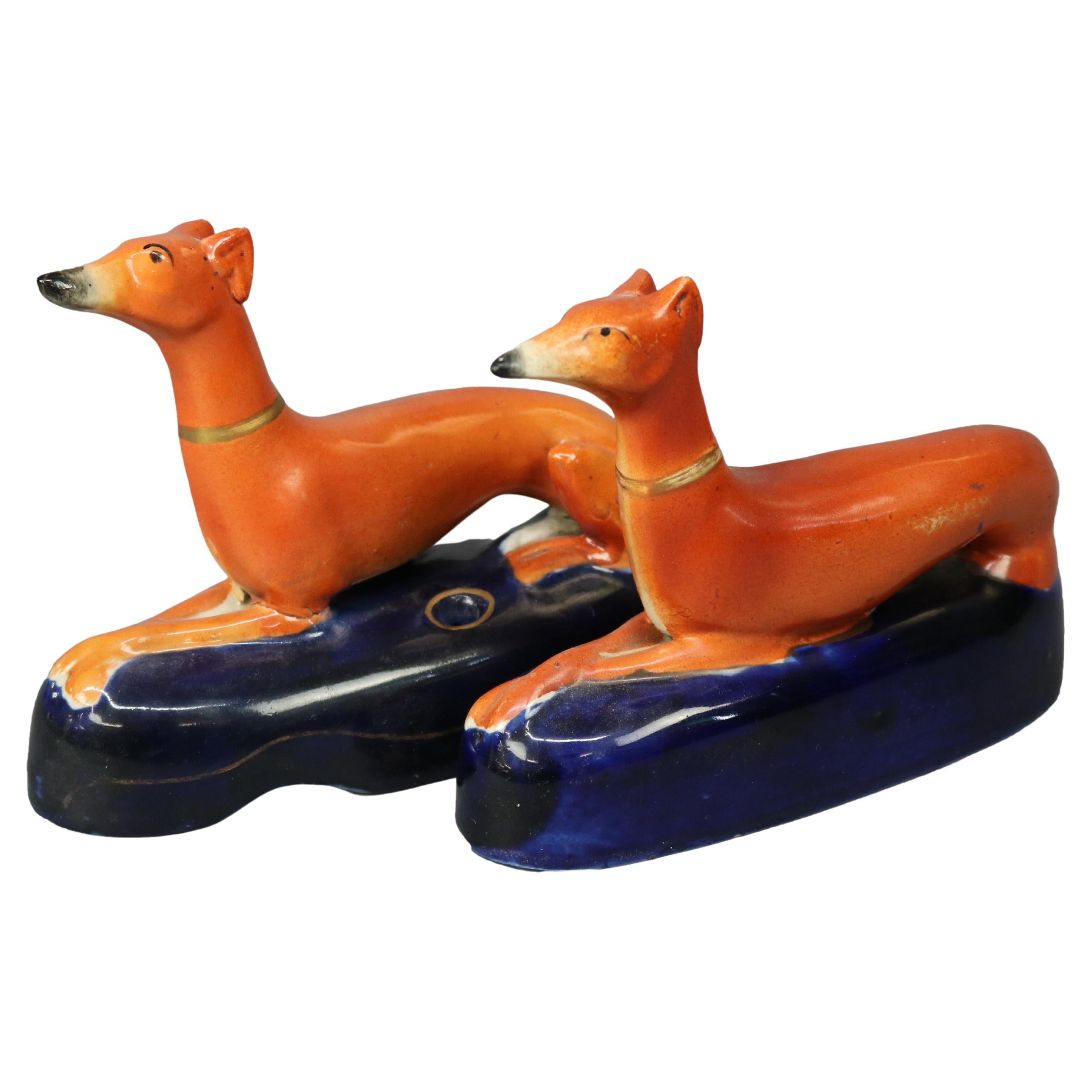 Antique Pair of Parcel Gilt Figural Staffordshire Pottery Whippet ...