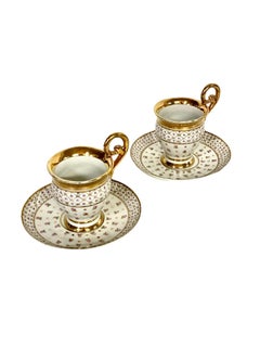 Antique Pair of Paris Porcelain Gilded Coffee Cups and Saucers