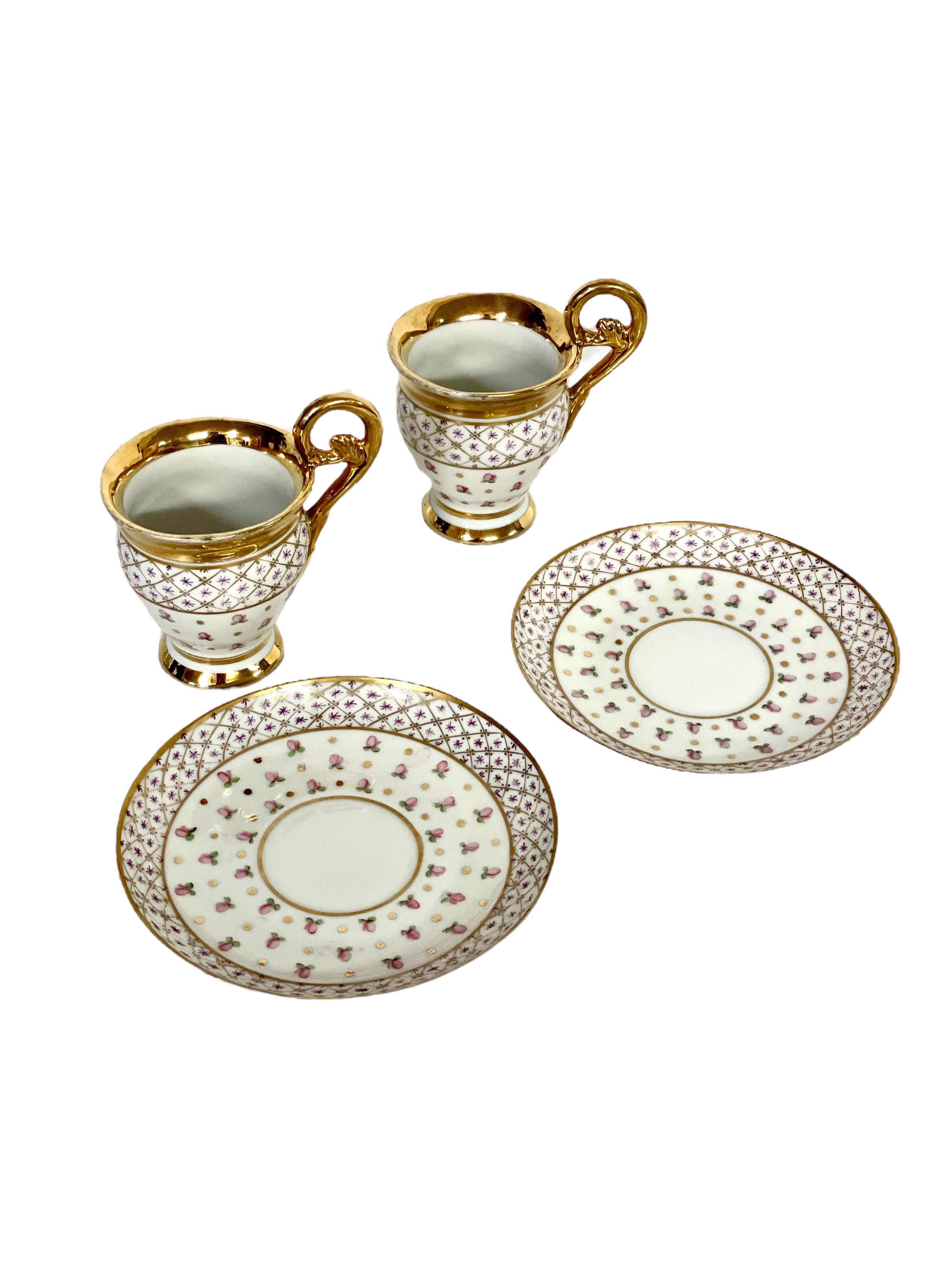 Louis XVI Antique Pair of Paris Porcelain Gilded Coffee Cups and Saucers For Sale