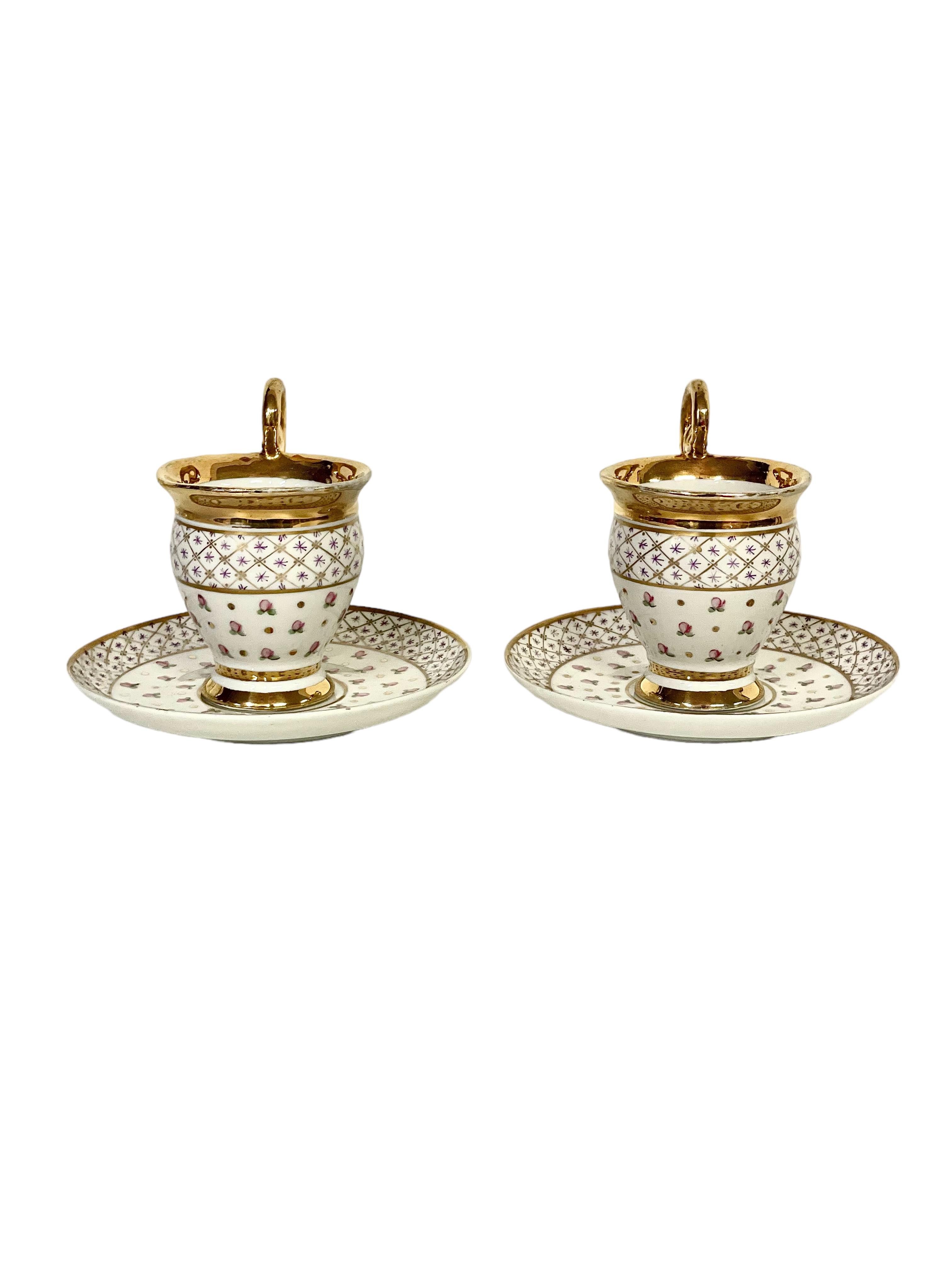 19th Century Antique Pair of Paris Porcelain Gilded Coffee Cups and Saucers For Sale