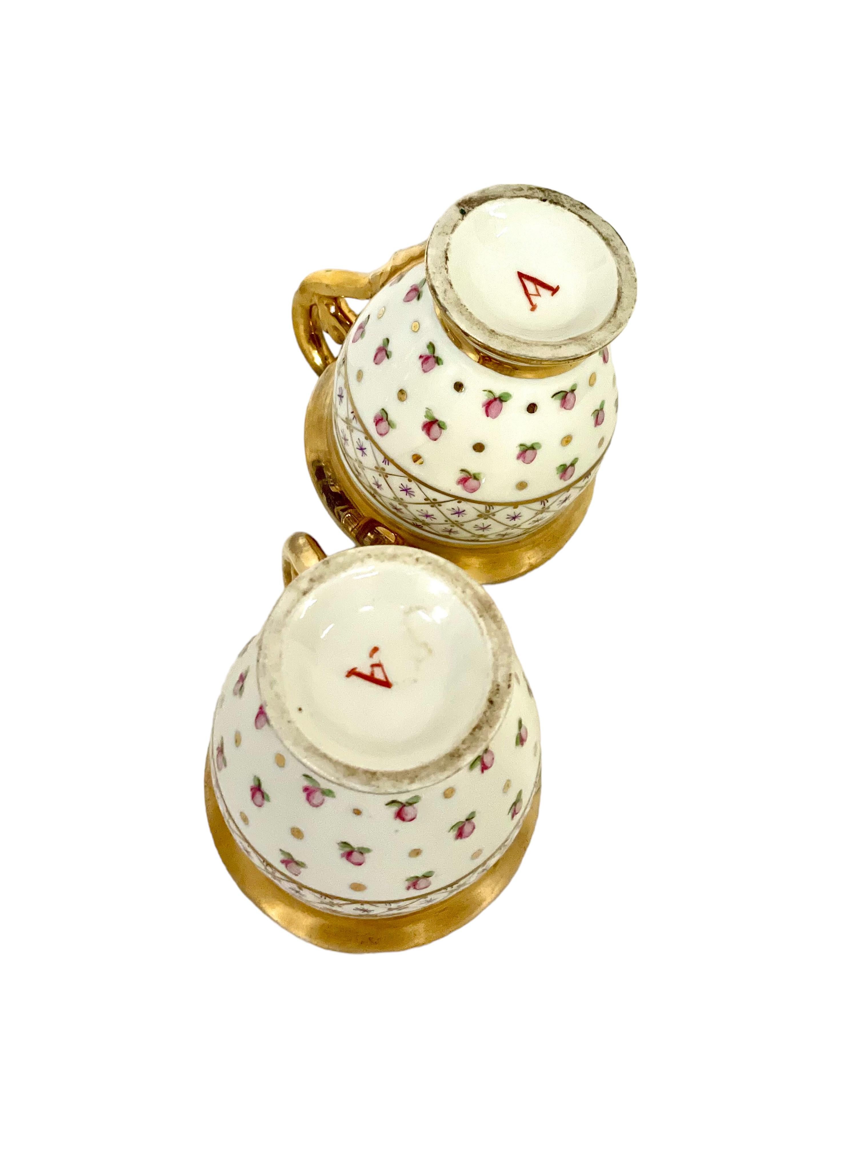 Antique Pair of Paris Porcelain Gilded Coffee Cups and Saucers For Sale 1