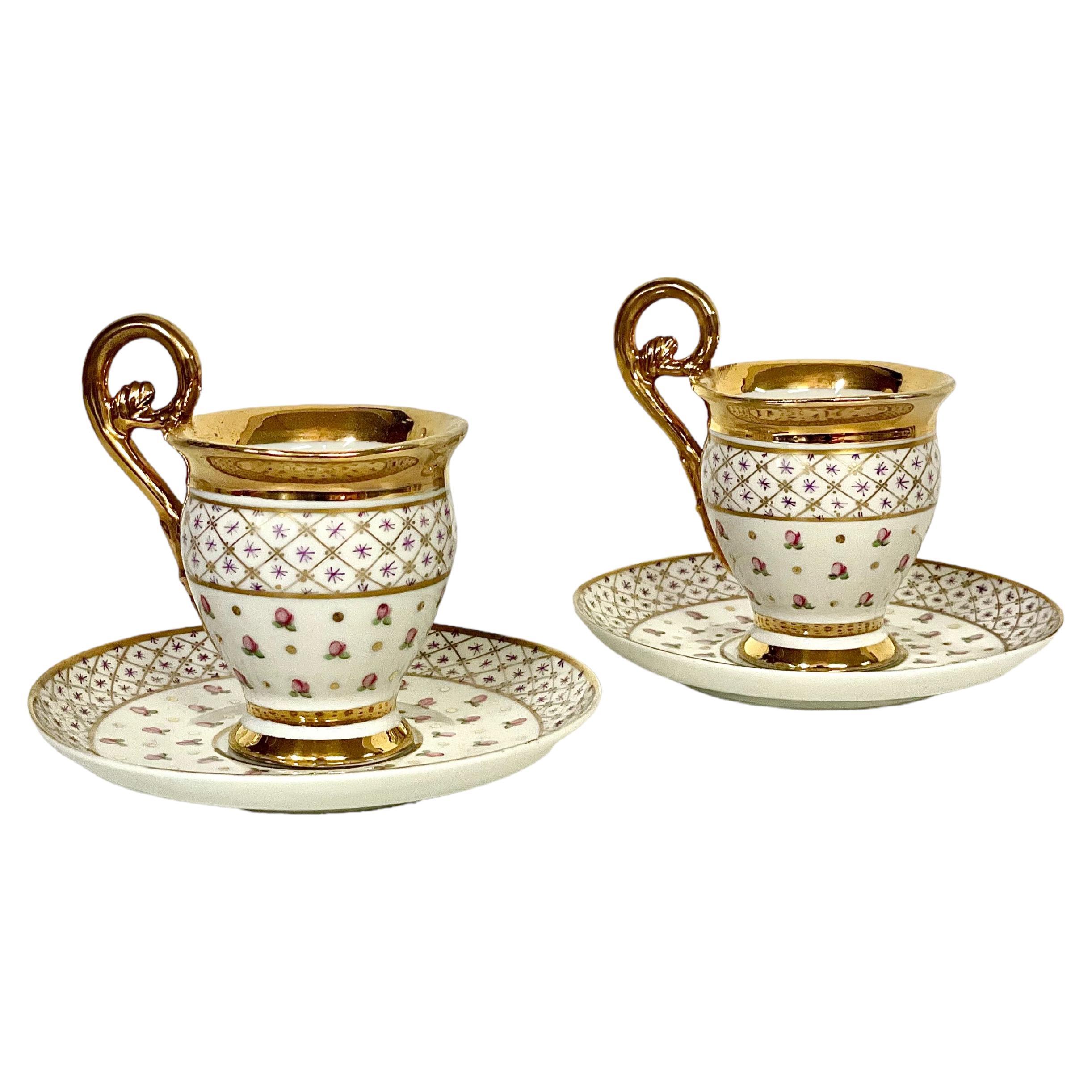 Antique Pair of Paris Porcelain Gilded Coffee Cups and Saucers For Sale