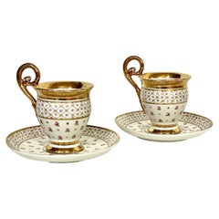 Antique Pair of Paris Porcelain Gilded Coffee Cups and Saucers