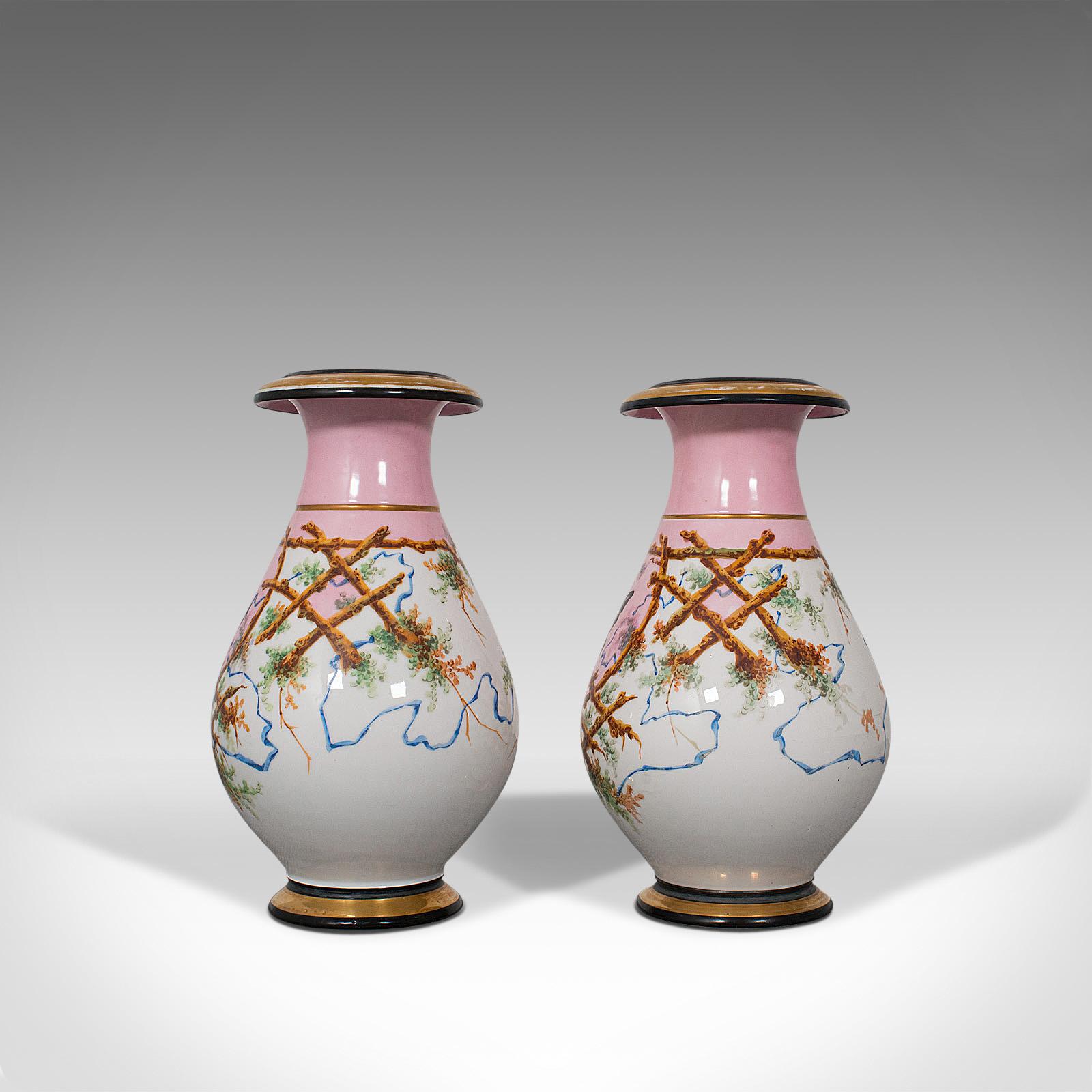 Antique Pair of Peony Vases, French, Decorative Ceramic Urn, Victorian In Good Condition For Sale In Hele, Devon, GB