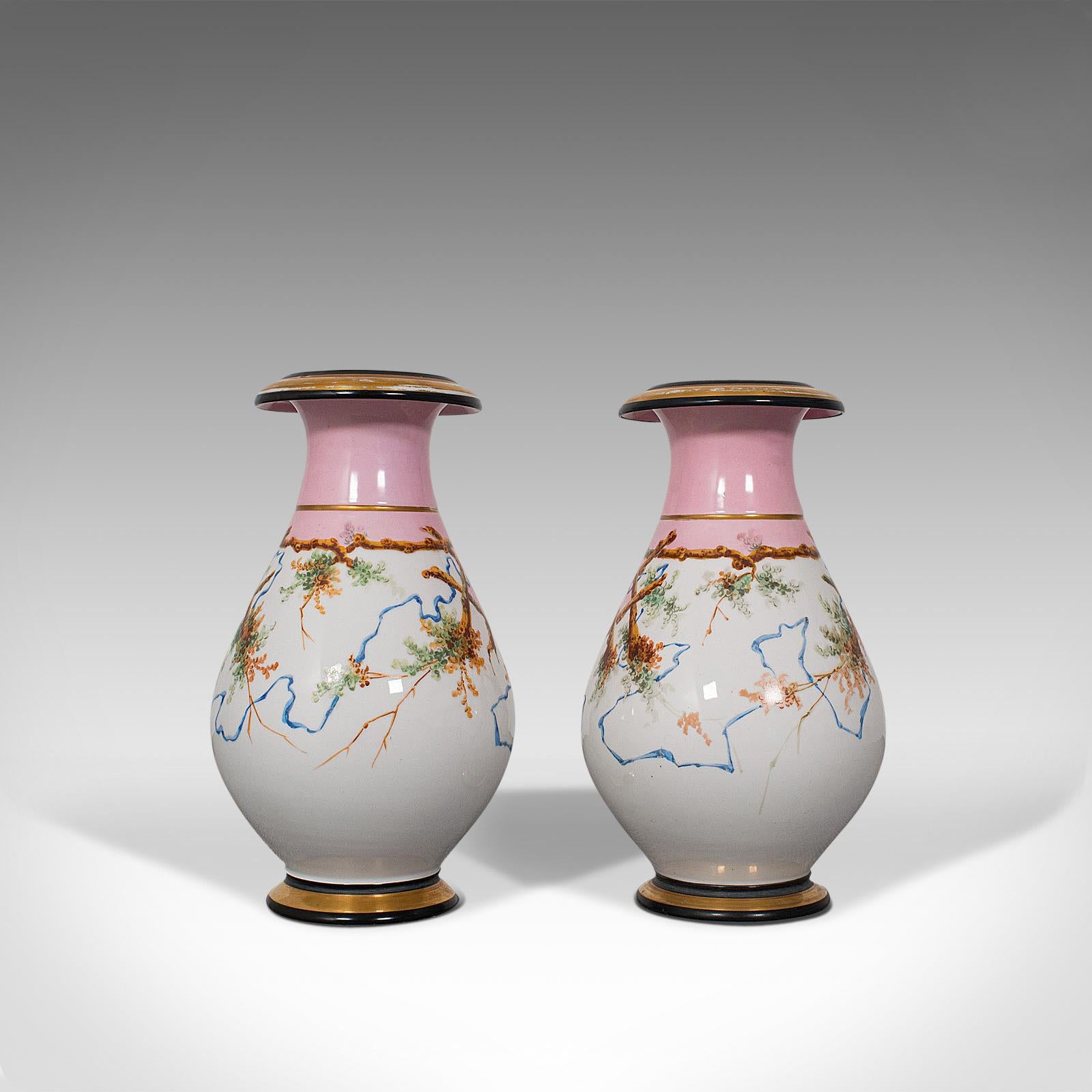 19th Century Antique Pair of Peony Vases, French, Decorative Ceramic Urn, Victorian For Sale