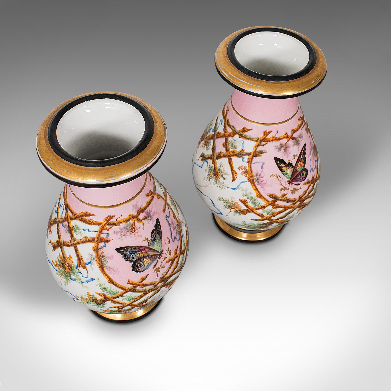 Antique Pair of Peony Vases, French, Decorative Ceramic Urn, Victorian For Sale 1