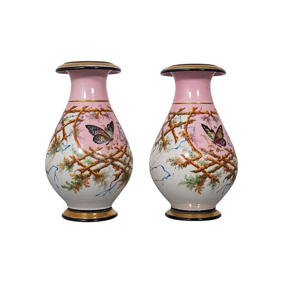 Antique Pair of Peony Vases, French, Decorative Ceramic Urn, Victorian For Sale