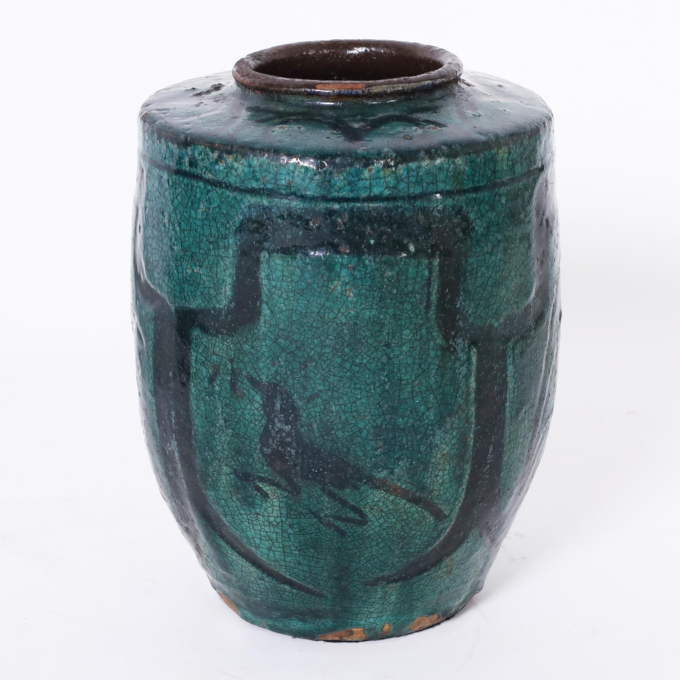 Antique Pair of Persian Glazed Terra Cotta Vases For Sale 2