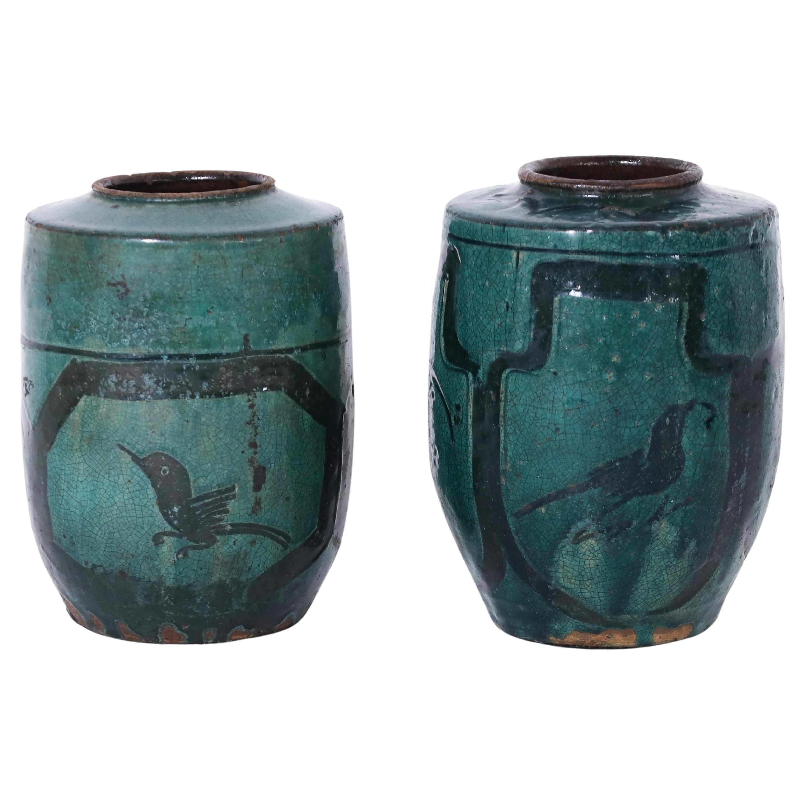 Antique Pair of Persian Glazed Terra Cotta Vases For Sale
