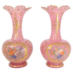Antique Pair of Pink Bohemian Opaline Enamelled Glass Vases, 19th Century