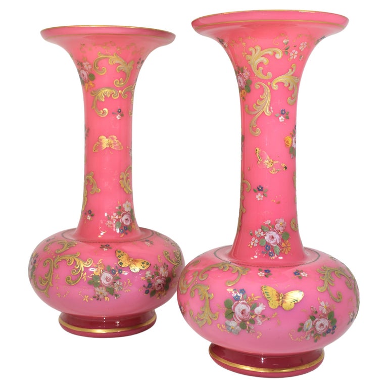 Antique Pair of Pink Opaline Enamelled Galss Vases, 19th Century For Sale  at 1stDibs | pink opaline glass vase