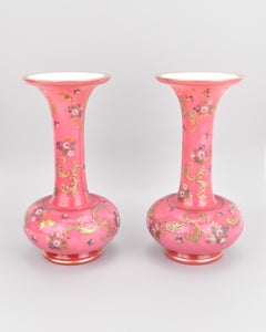 Antique Pair of Pink Opaline Enamelled Galss Vases, 19th Century