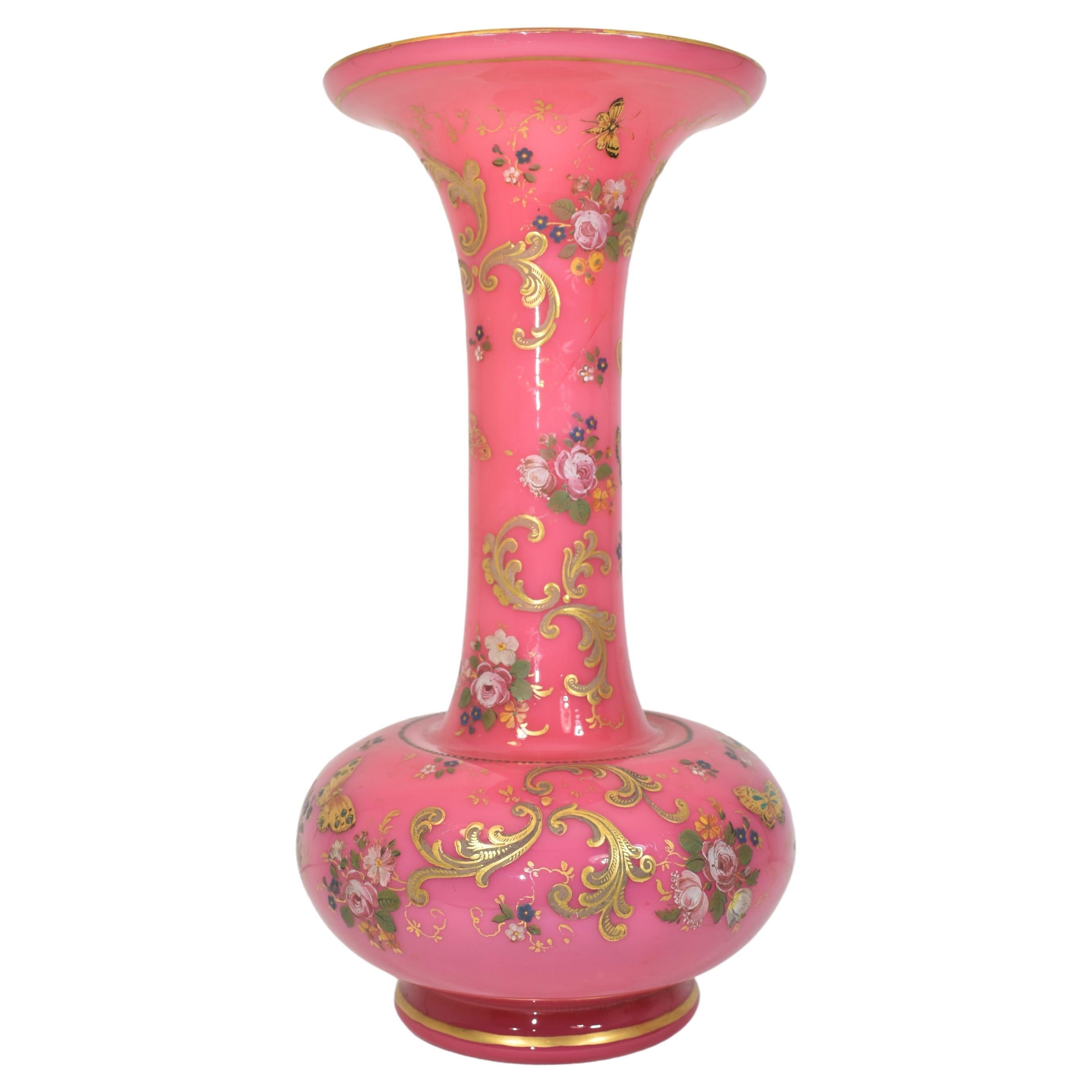 European Antique Pair of Pink Opaline Enamelled Galss Vases, 19th Century For Sale