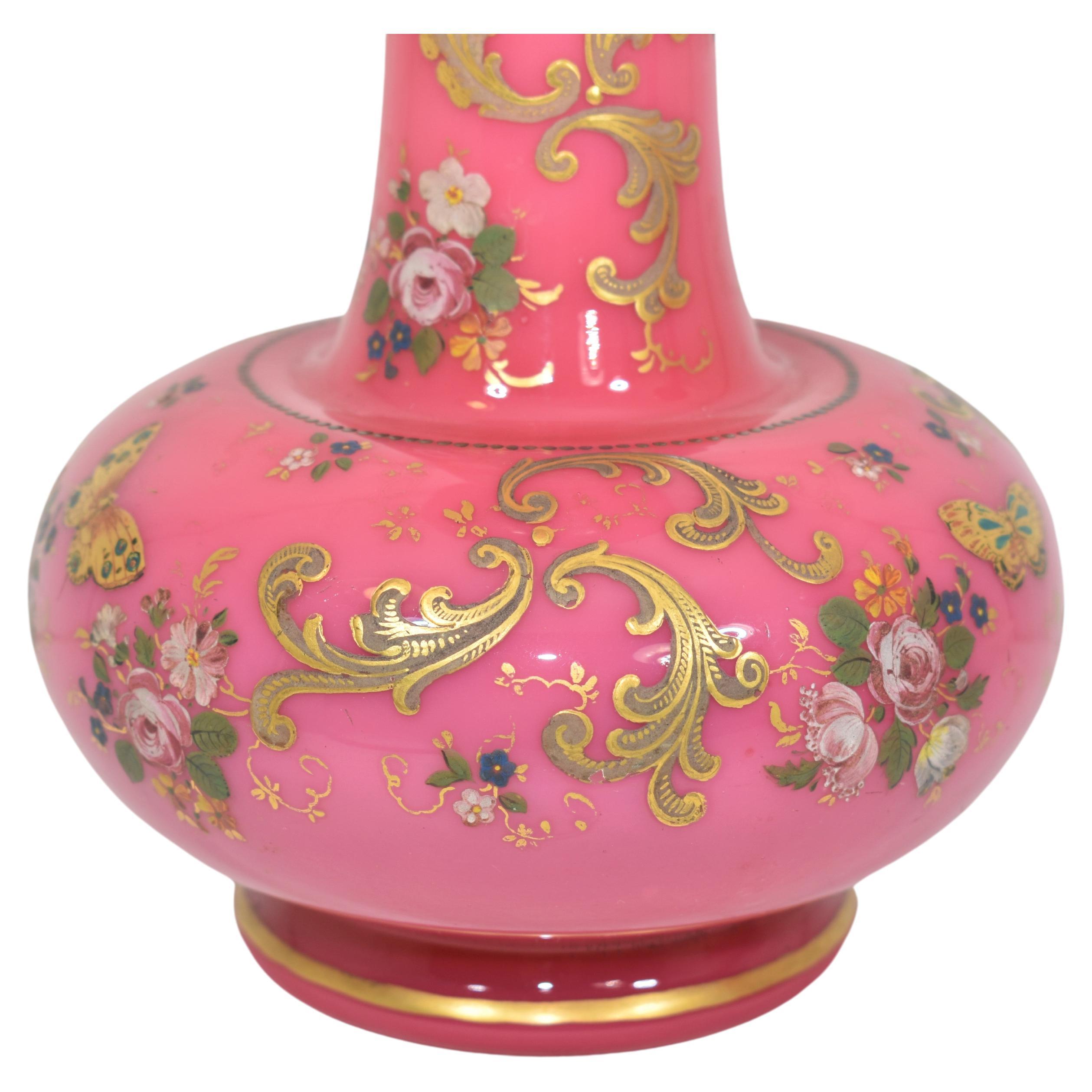 Verre opalin Paire de vases anciens en acier inoxydable émaillé d'opaline rose, 19ème siècle en vente