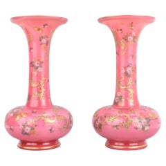 Antica coppia di vasi in galss smaltati opalini rosa, XIX secolo
