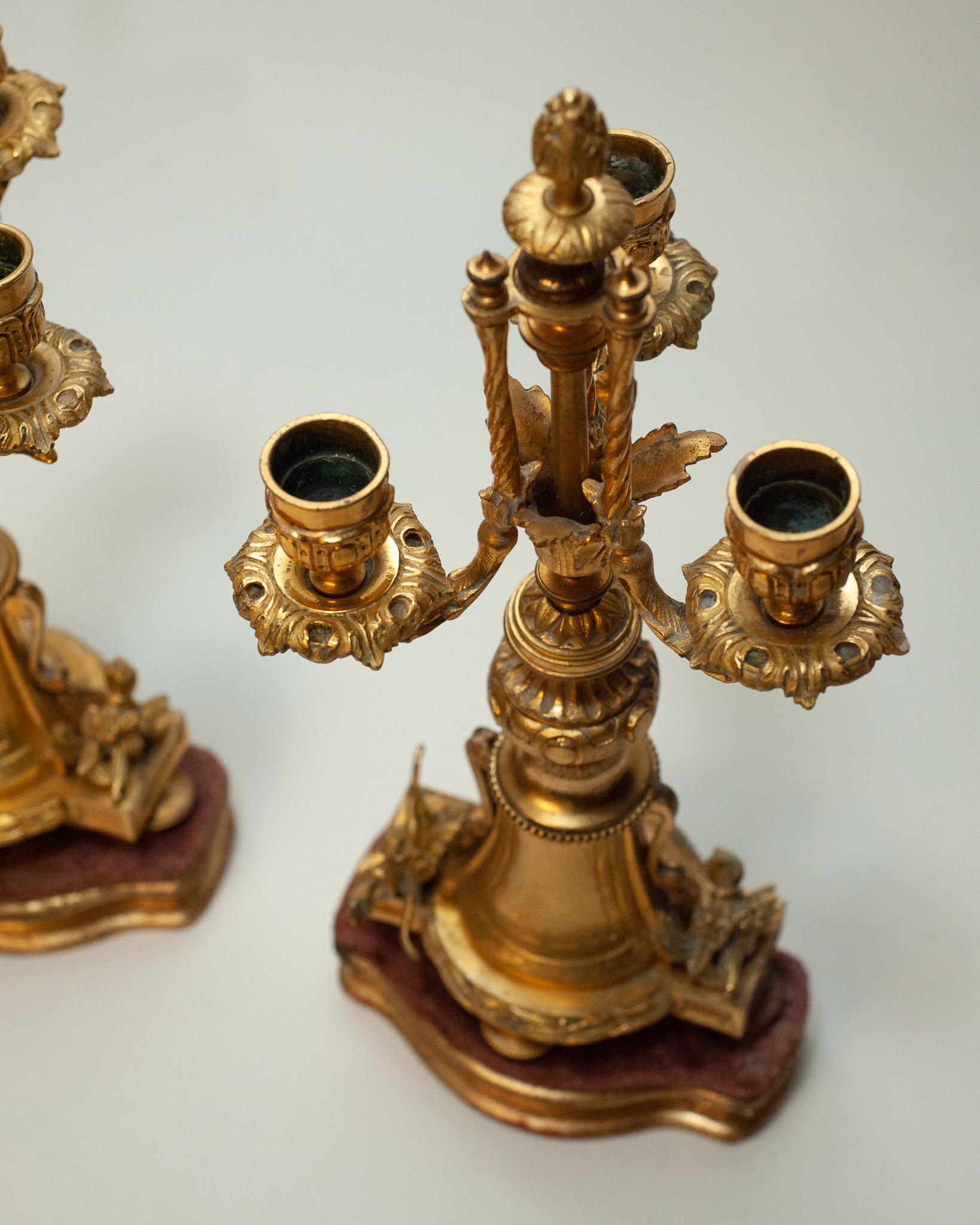 Louis XVI Antique Pair of Pink Porcelain and Bronze Candlesticks with Gilt Wood Base For Sale