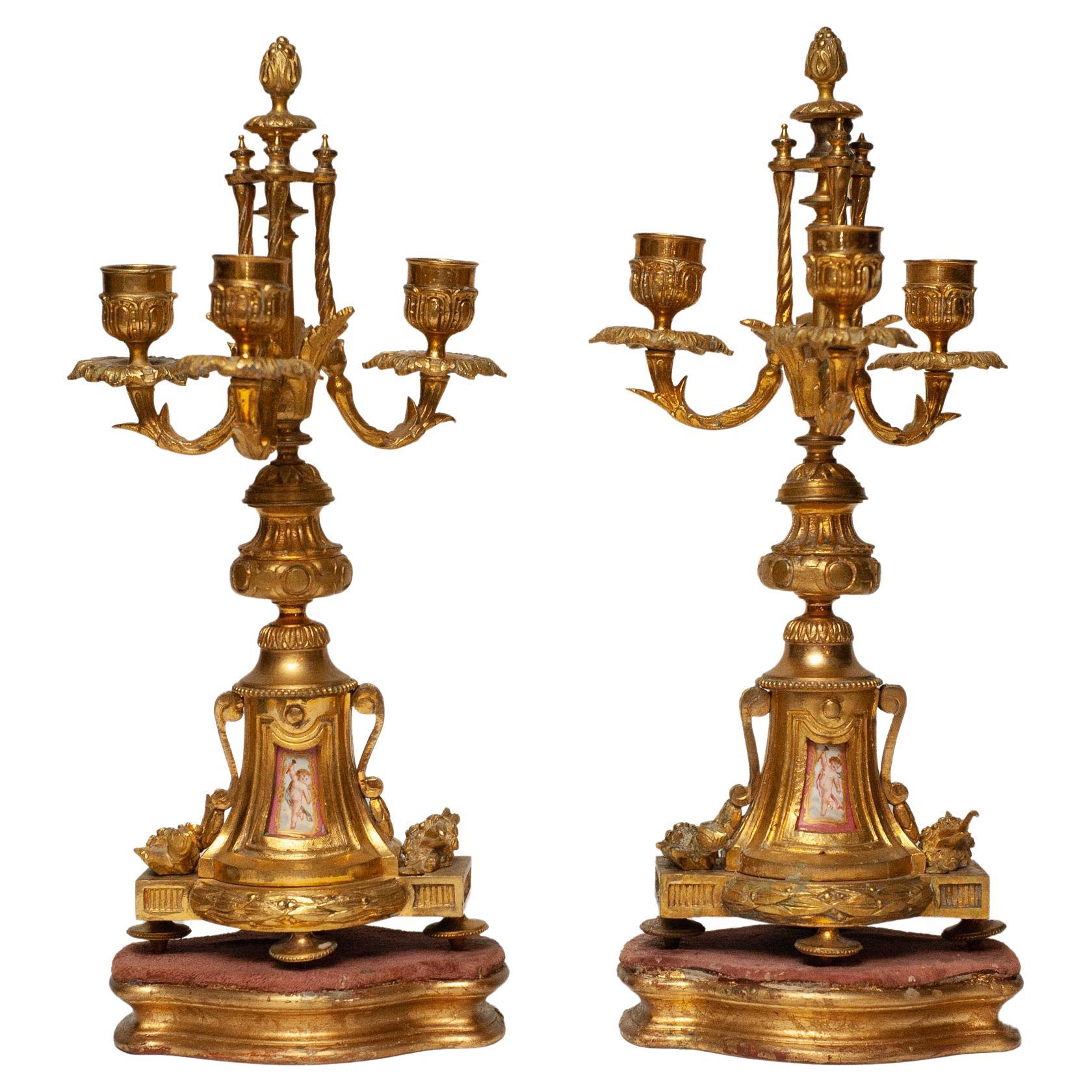 Antique Pair of Pink Porcelain and Bronze Candlesticks with Gilt Wood Base For Sale