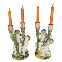 Antique Pair of Polychrome Porcelain Candelabra with Putti Angelot Decor -1Y91