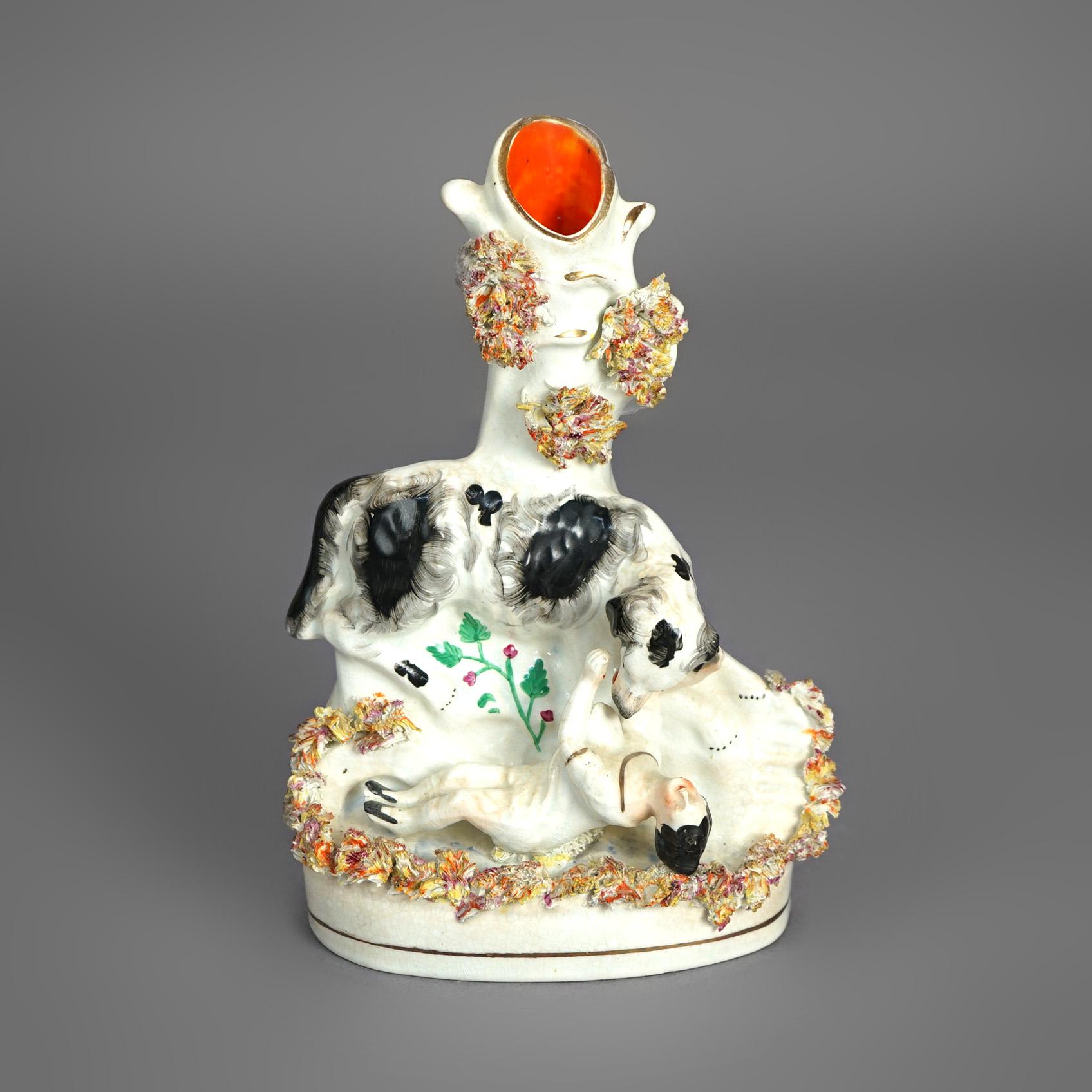 Antique Pair of Polychromed & Gilt Porcelain Spill Vases, Child & Dog, C1870 In Good Condition For Sale In Big Flats, NY